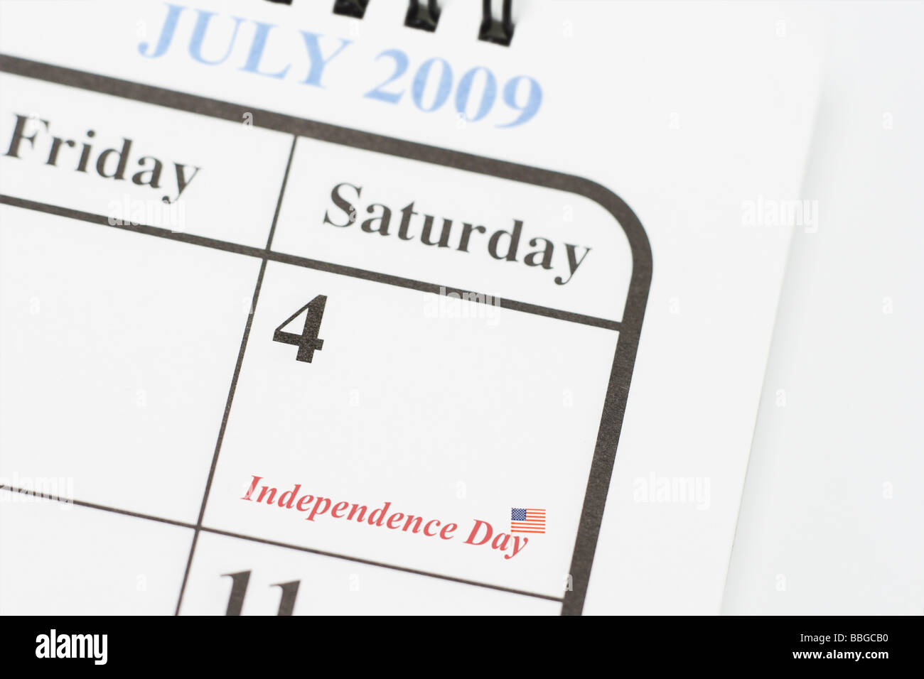 Kalenderseite zeigt 4th of July amerikanischen Unabhängigkeitstag Stockfoto