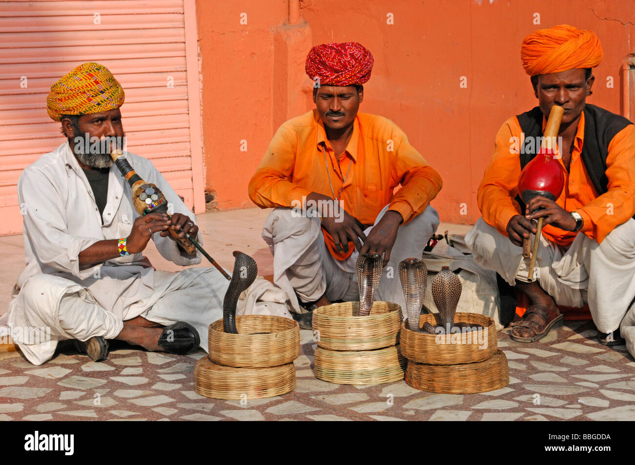 Indischer Schlangenbeschwörer mit Kobras (Naja Naja), der Palast der Winde, Jaipur, Rajasthan, Nordindien, Asien Stockfoto