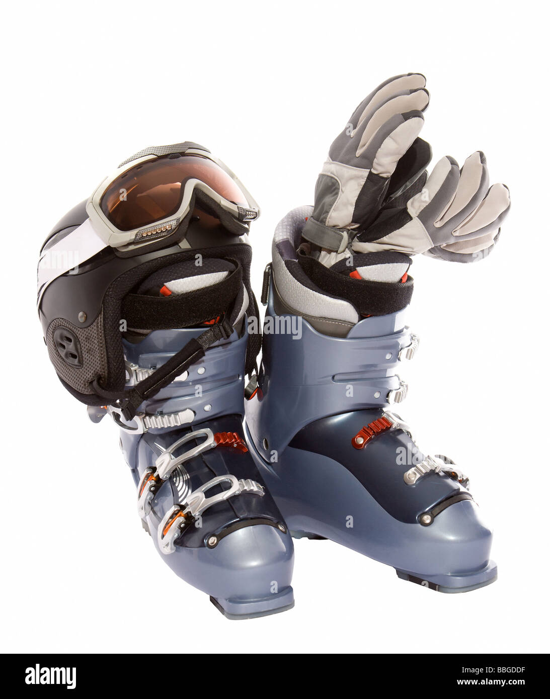 Skischuh s Helm Handschuhe und Schutzbrille zu isolieren, auf weiß Stockfoto