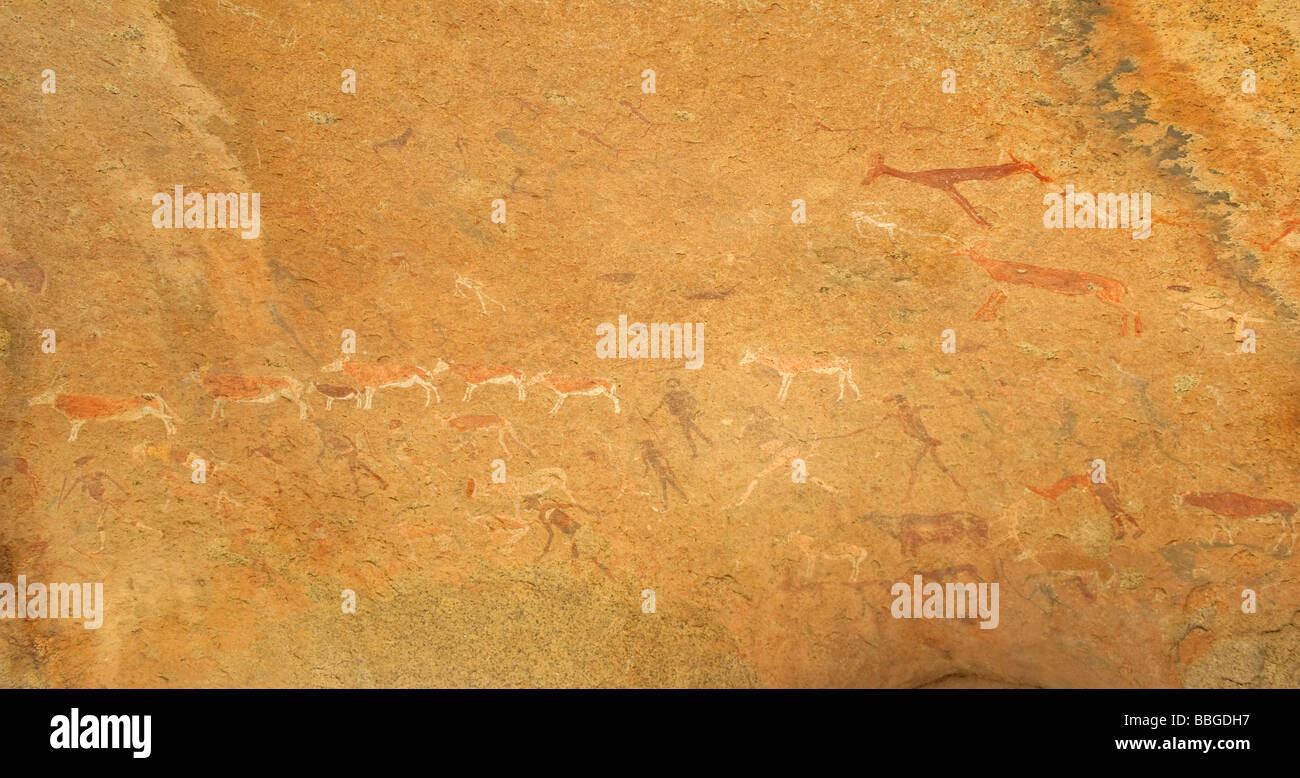 Polychrome Felsmalereien in Maack's Shelter in der Leopard Gorge, Tsisab Ravine at Mt Brandenberg, Namibia, Afrika Stockfoto