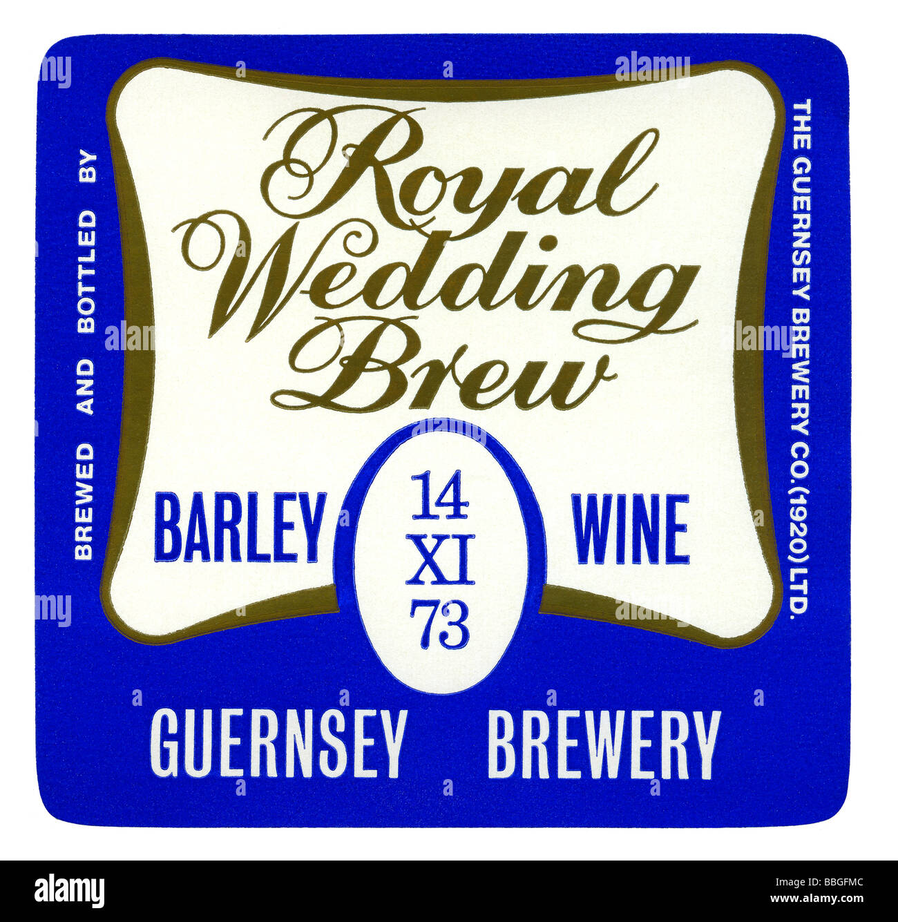Alte britische Bieraufkleber für Guernsey Brauerei königliche Hochzeit zu brauen, Guernsey, Channel Islands, 1973 Stockfoto