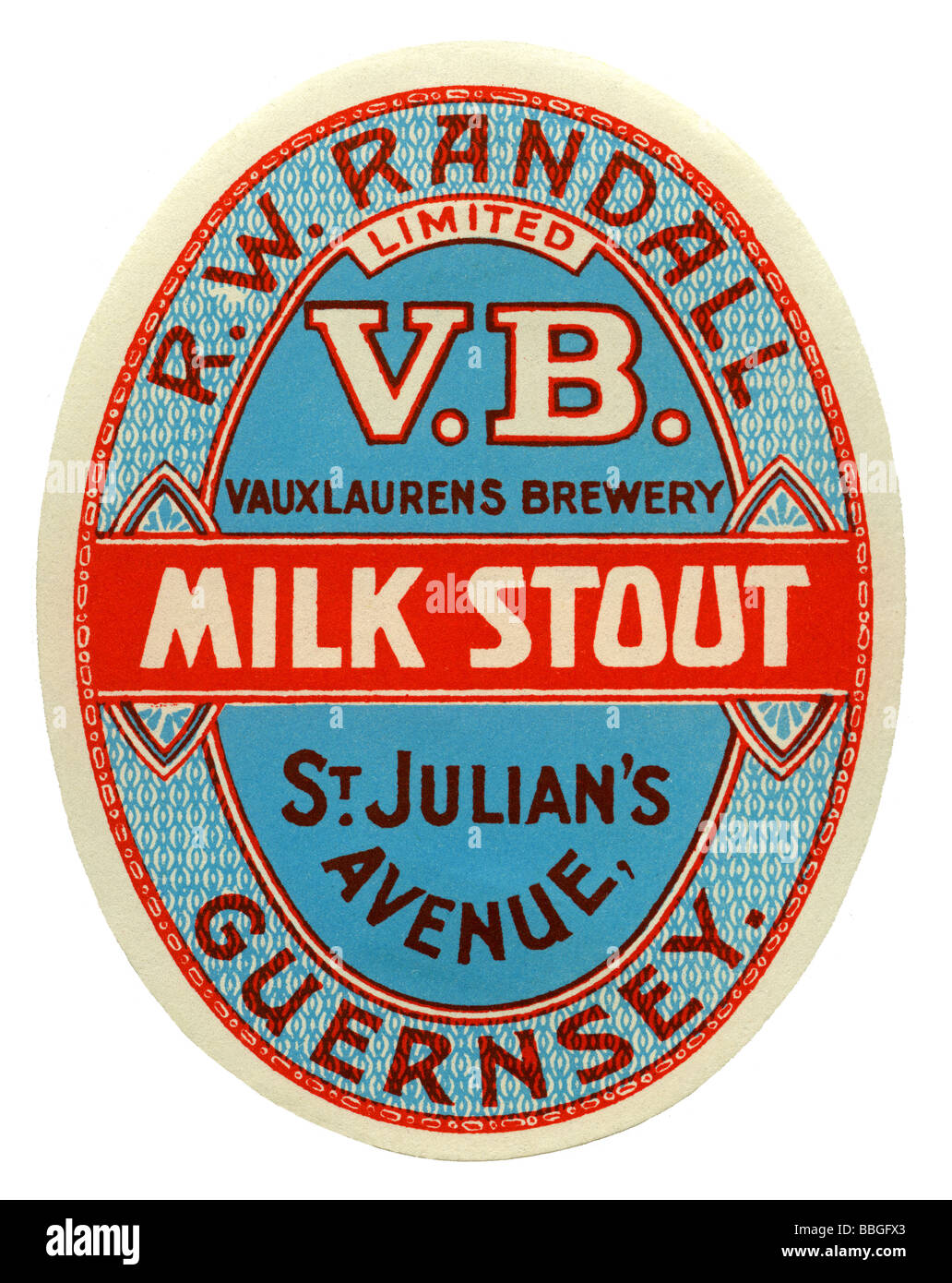 Alte britische Bieraufkleber für Randall es Milk Stout, Guernsey, Channel Islands Stockfoto