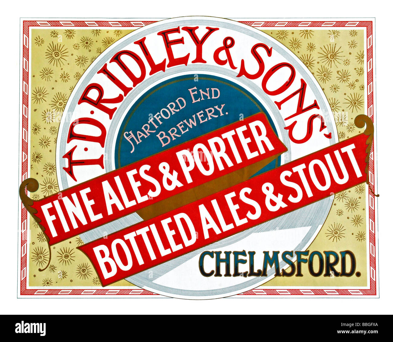 Alte Poster Werbung Biere aus Ridley und Söhne Brauerei, Hartford Ende, Chelmsford, Essex, c. 1910 Stockfoto