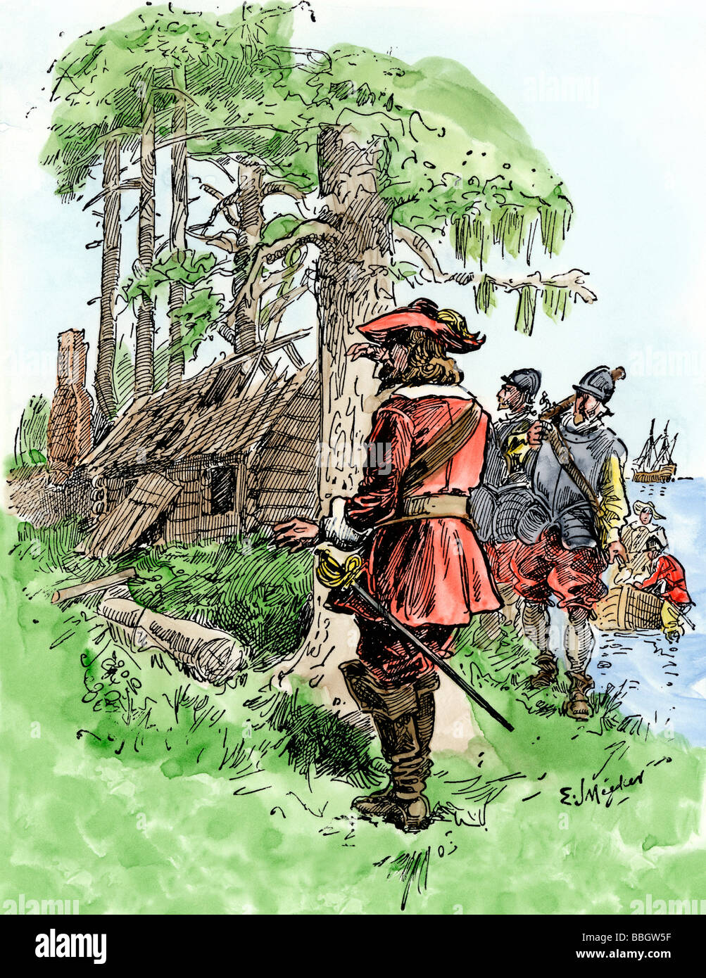 Rückkehr von Gouverneur John White zu finden Roanoke Kolonisten verschwunden 1591. Hand - farbige Holzschnitt Stockfoto