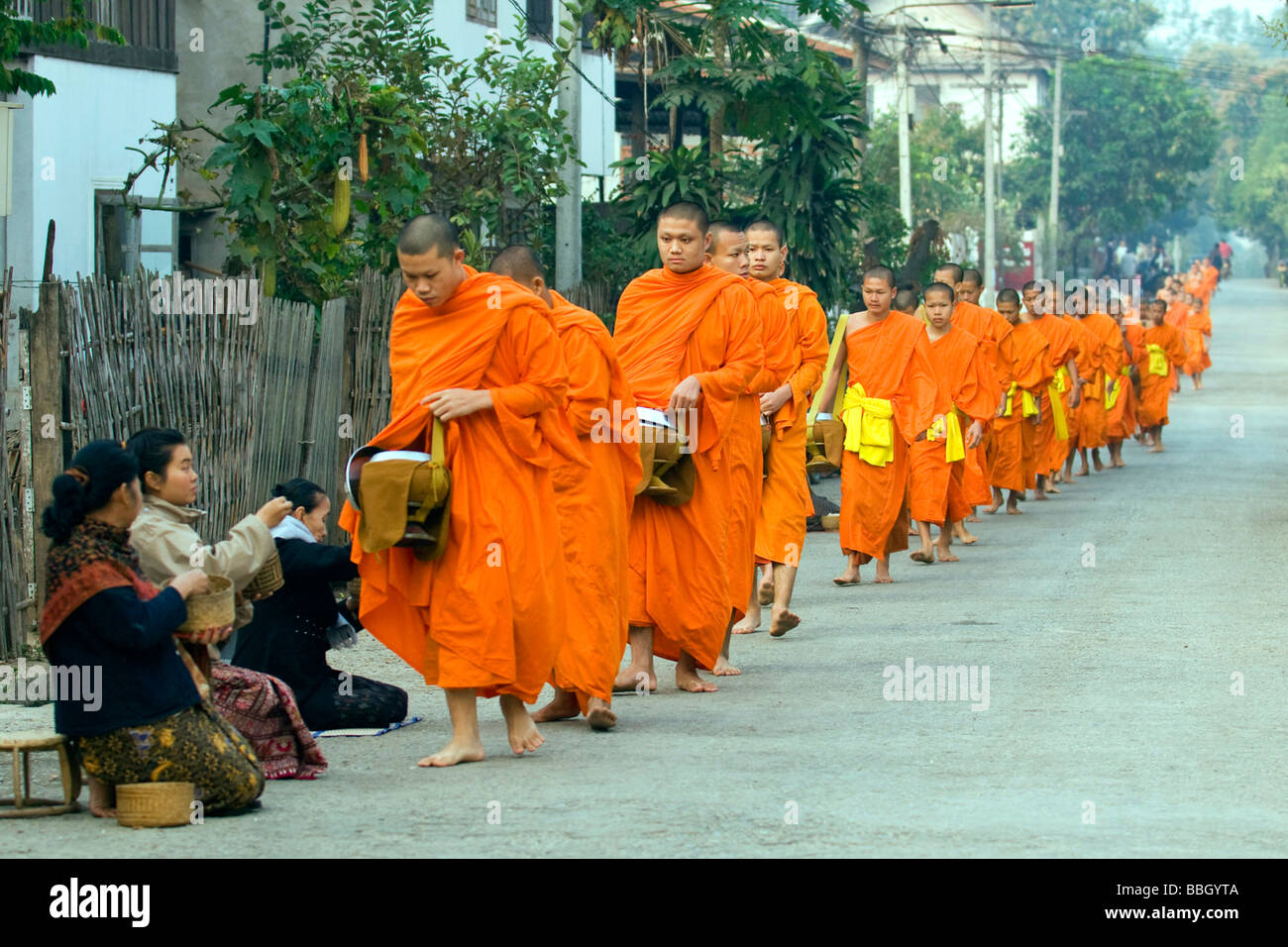 Buddhistische Mönche Los Almsround, Laos, Luang Prabang Stockfoto