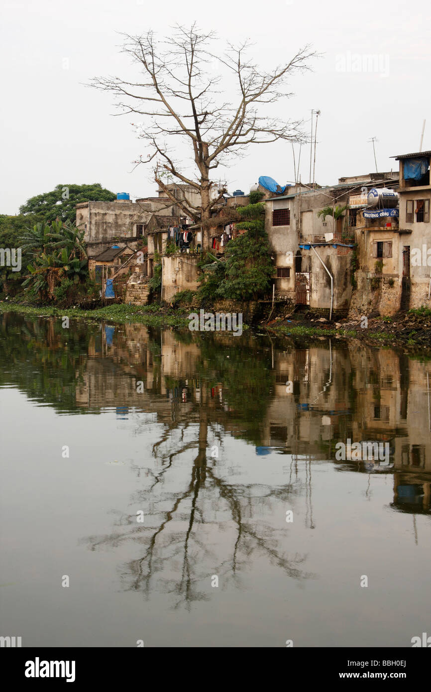 Reflexion des Baumes in stagnierenden Kanalwasser beraubt städtischen Slums, 'Ninh Binh', Vietnam Stockfoto