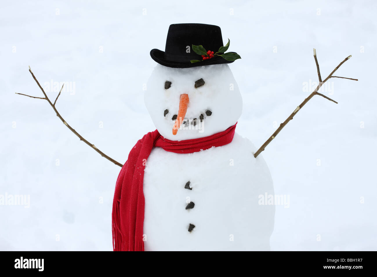 Schneemann mit Karotten-Nase und rotem Schal Stockfoto