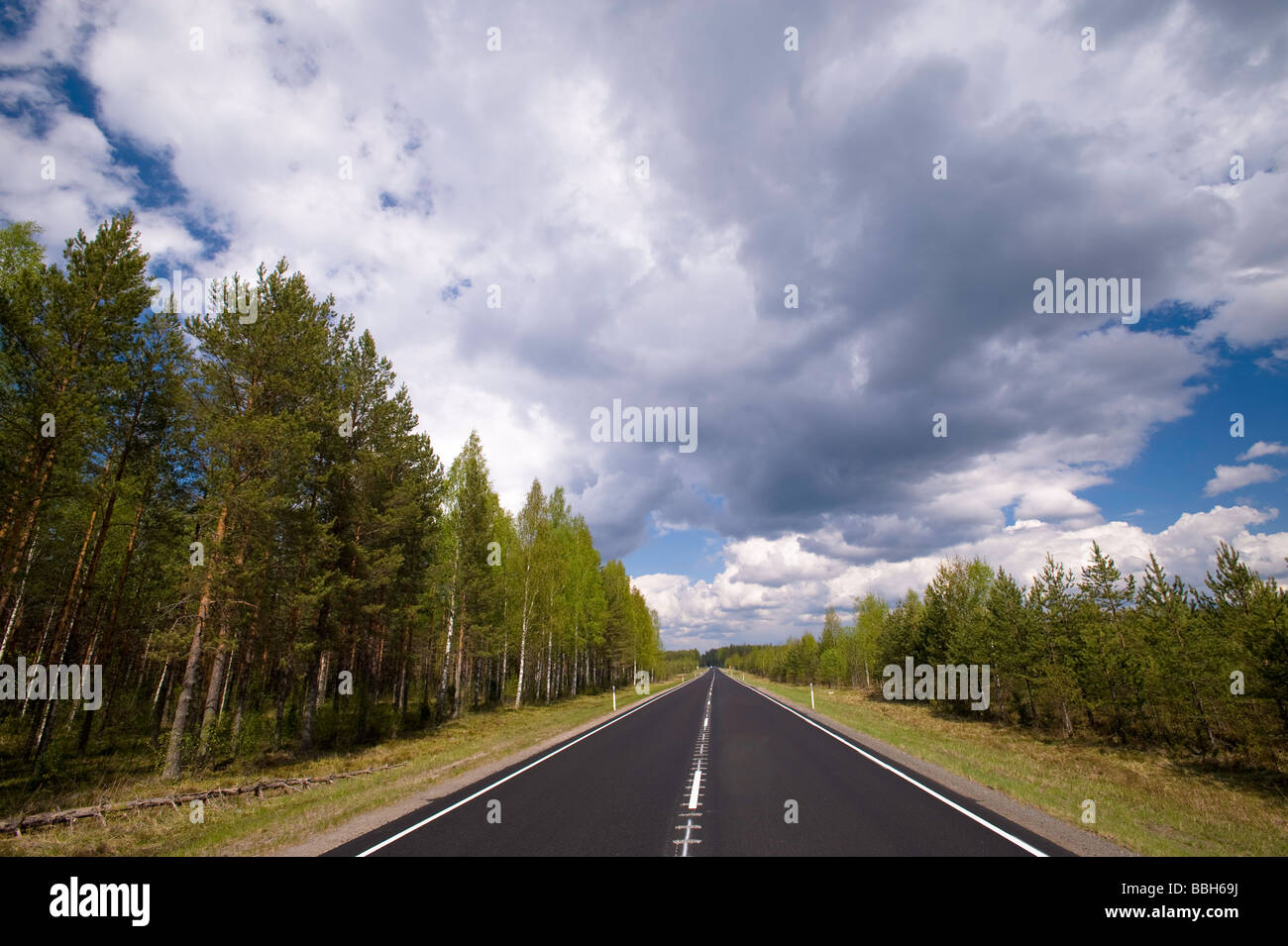 Cumulus-Wolken und blauer Himmel über Straße Karelien Finnland Stockfoto