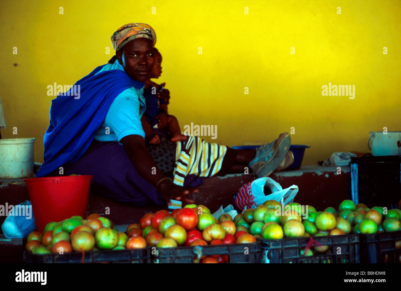 11 99 Tugela Tal KwaZulu Natal in Südafrika nZulu Frau Gemüse Markt verkaufen Tomaten-Baby-Eimer Stockfoto