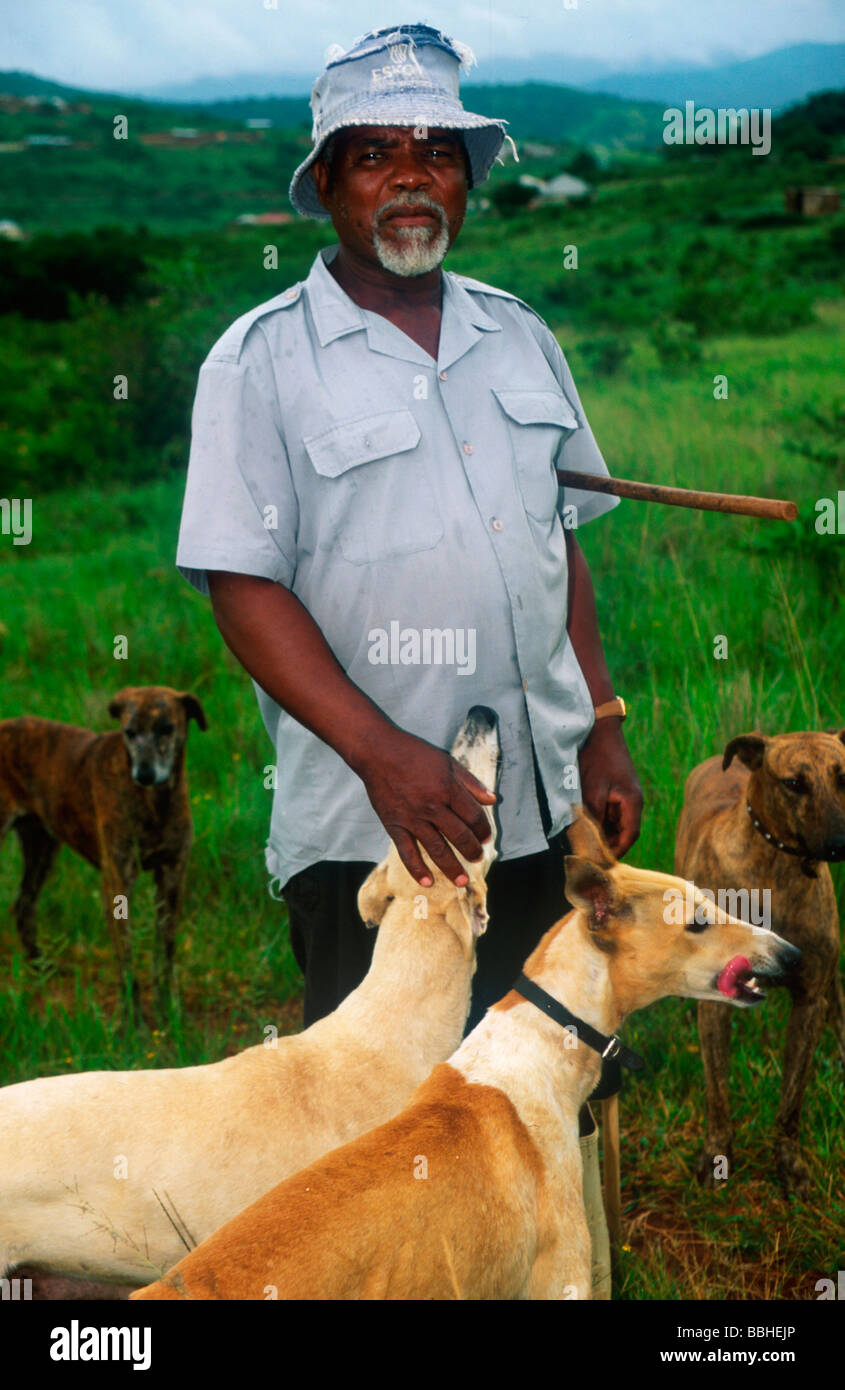 Umgeni Valley KwaZulu Natal South Africa n2 2003 Nmen Greis Hunde Hund Haustier Haustiere Zulu Mann Stick Haustiere Stockfoto