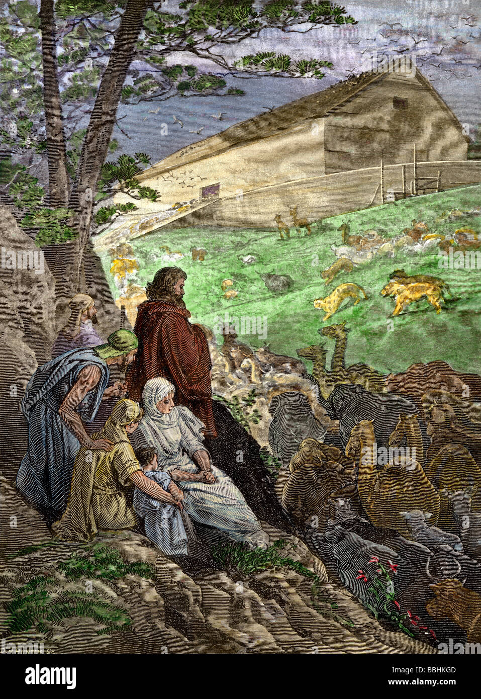 Tiere in der Arche Noah vor der Sintflut. Hand - farbige Holzschnitt Stockfoto