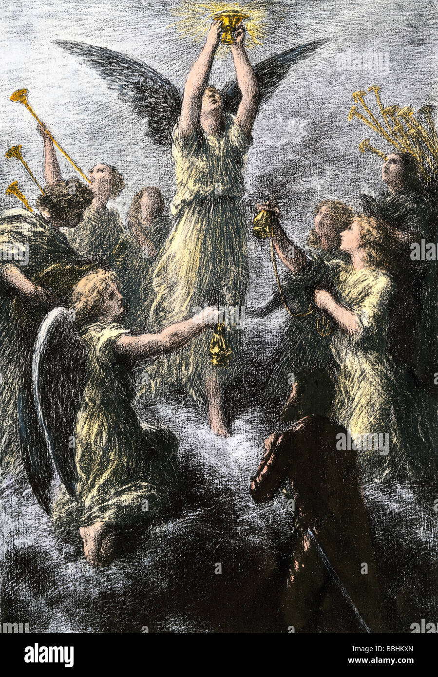 Feier der Engel im Vorspiel zu Wagners Lohengrin. Handcolorierte Radierung von Fantin Latour Abbildung Stockfoto