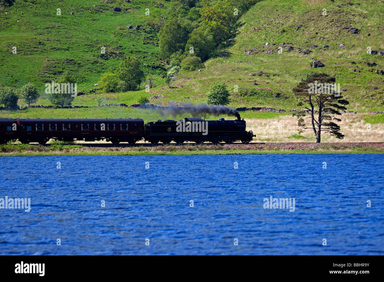 Jacobite Dampfzug mit Loch Eilt im Vordergrund, Lochaber, Schottland, UK, Europa Stockfoto