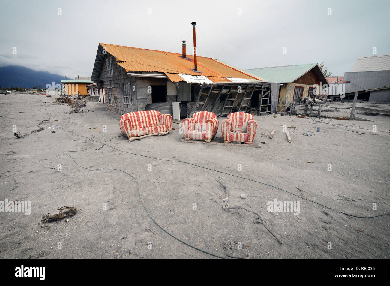 Die zerstörte Stadt Chaiten nach einem Vulkanausbruch Stockfoto