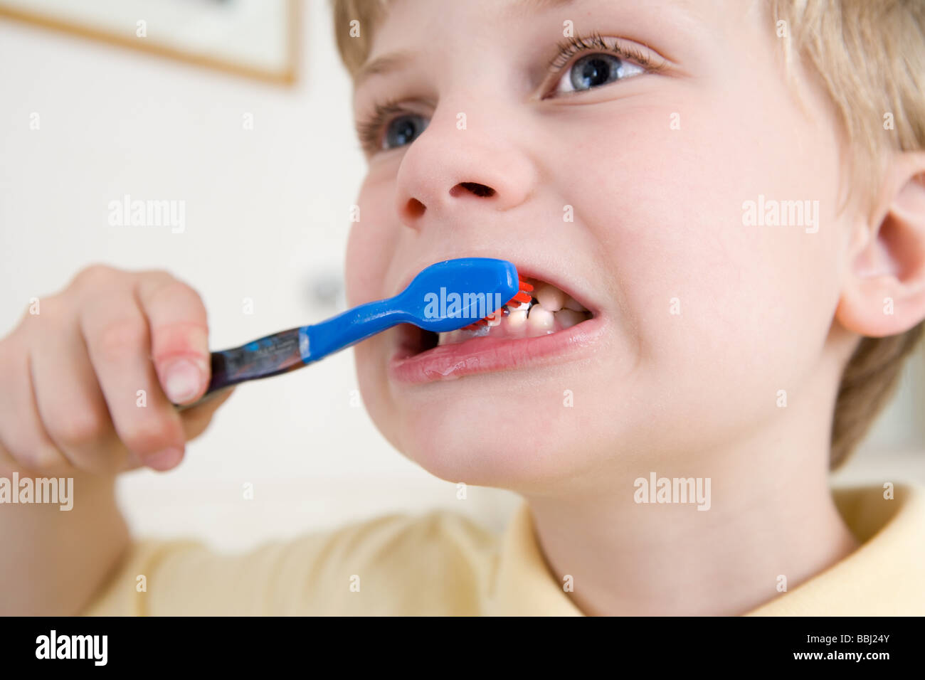 Ein kleiner Junge, Zähneputzen Stockfoto