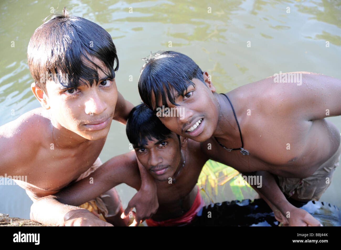 Freunde in einem Pool, die Spaß am Backwaters Kerala Indien Stockfoto