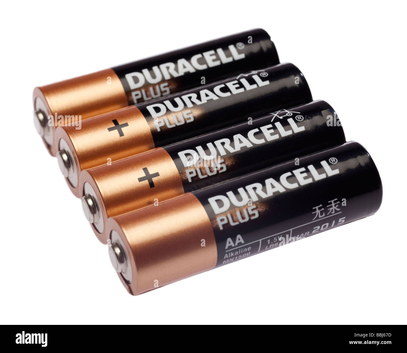 Reihe von vier Duracell AA-Batterien hautnah Stockfoto