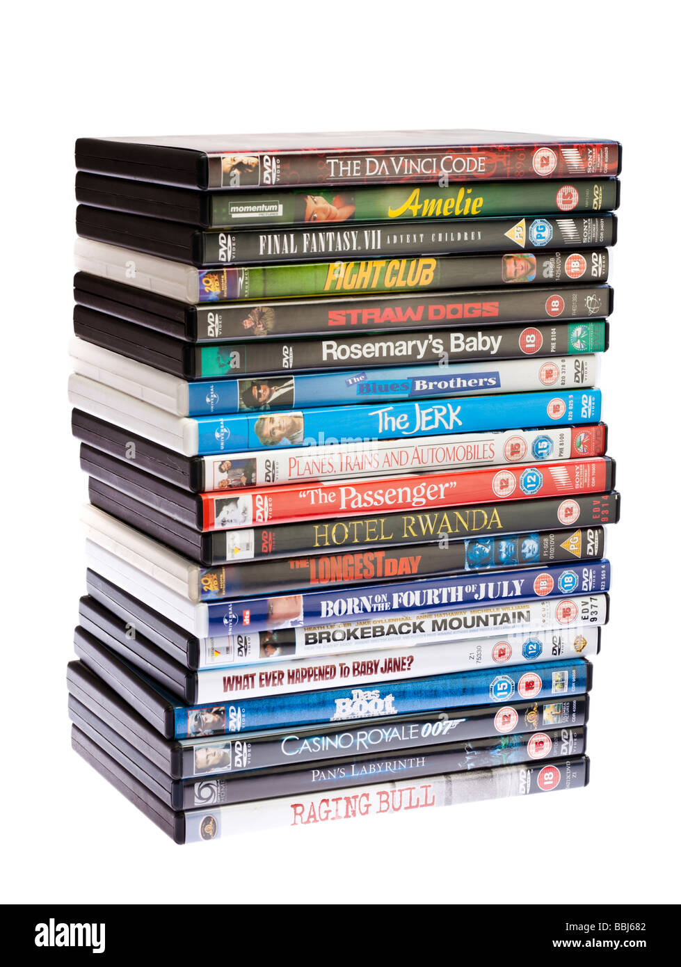 Stapel von DVDs auf weiß Stockfoto