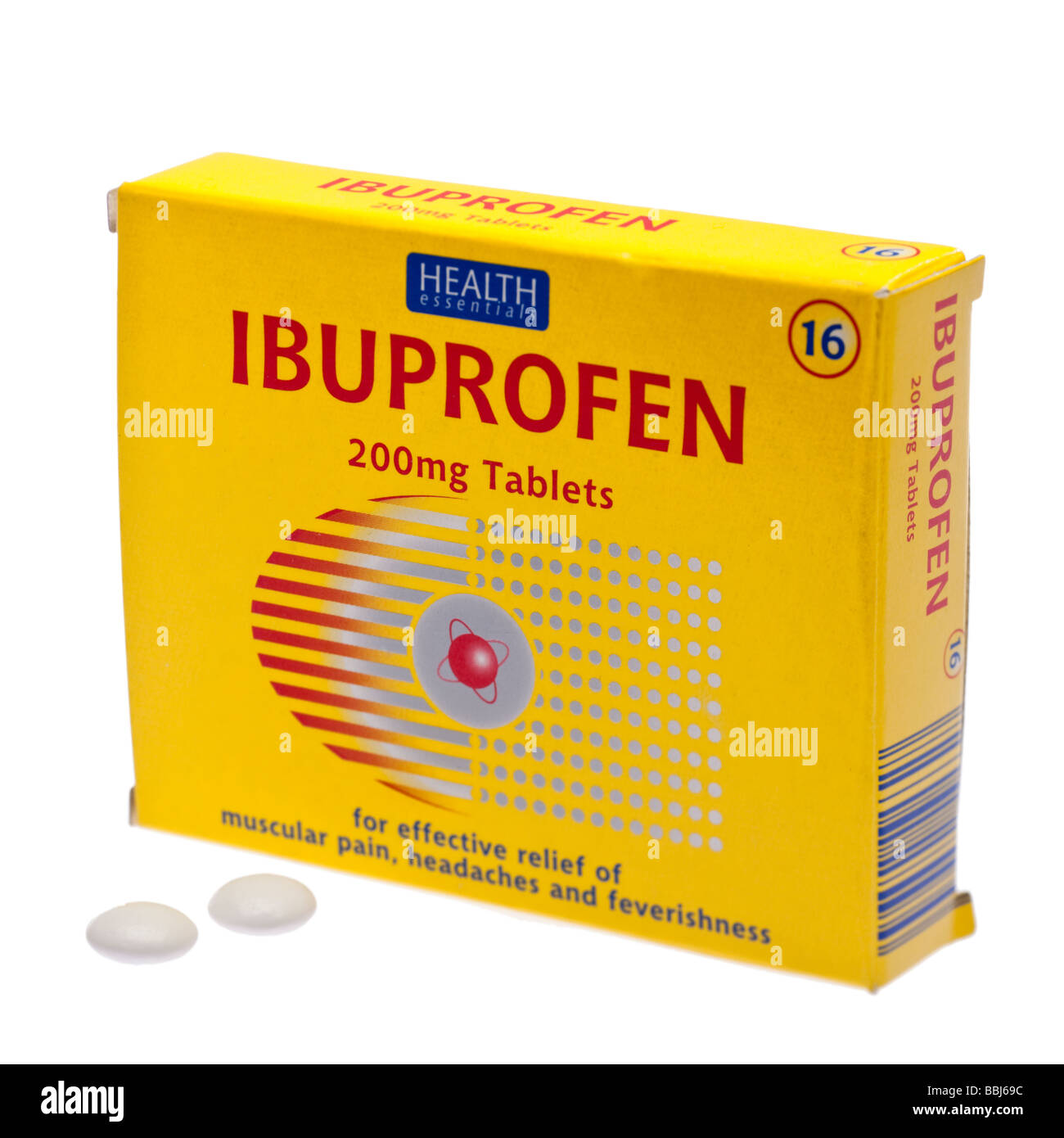Ibuprofen-Paket und Tabletten Stockfoto