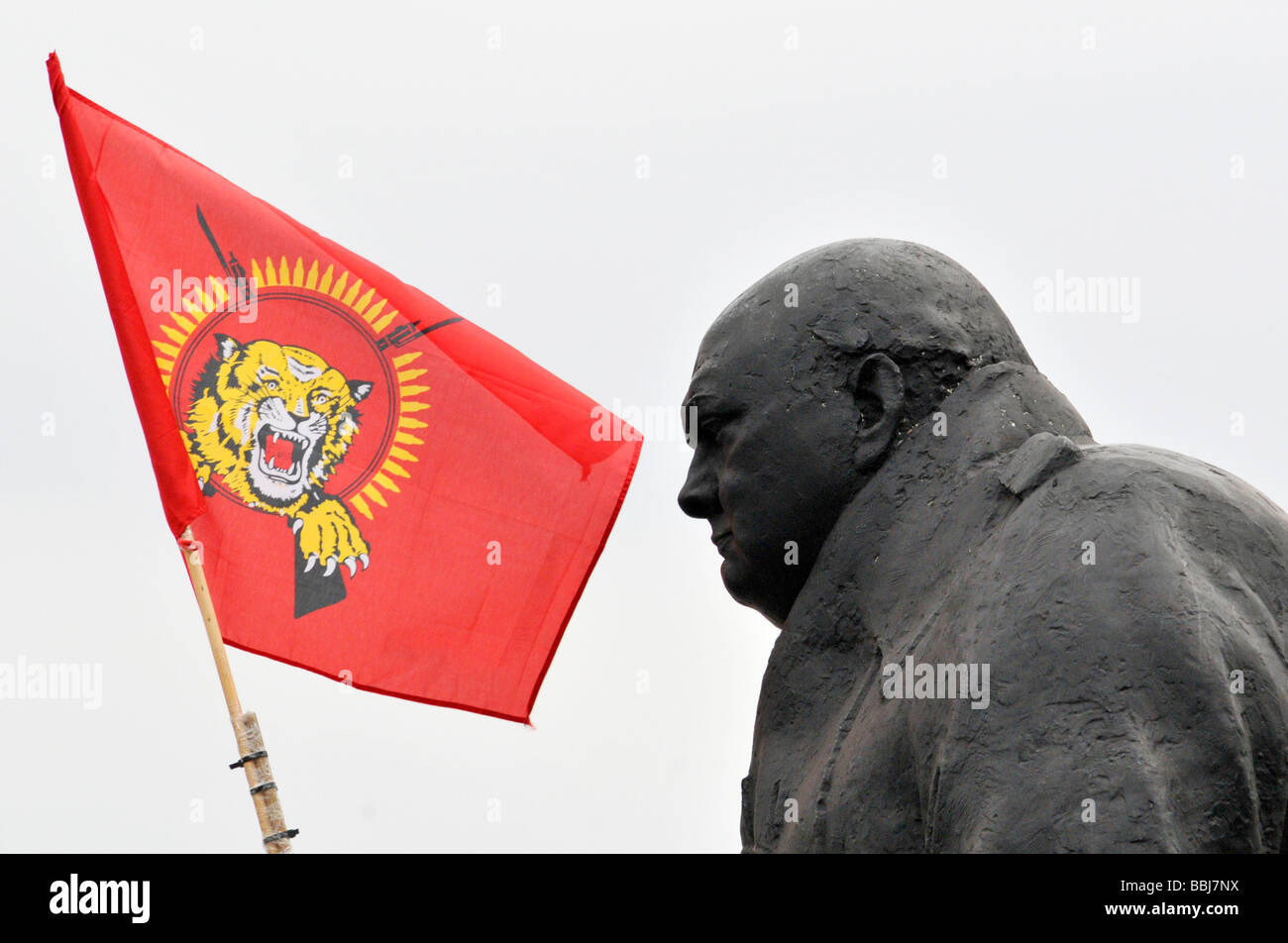 Tamil protestieren in Parliament Square, London.  Tamil-Tiger Fahnenschwingen vor einer Statue von Winston Churchill. Juni 2009 Stockfoto