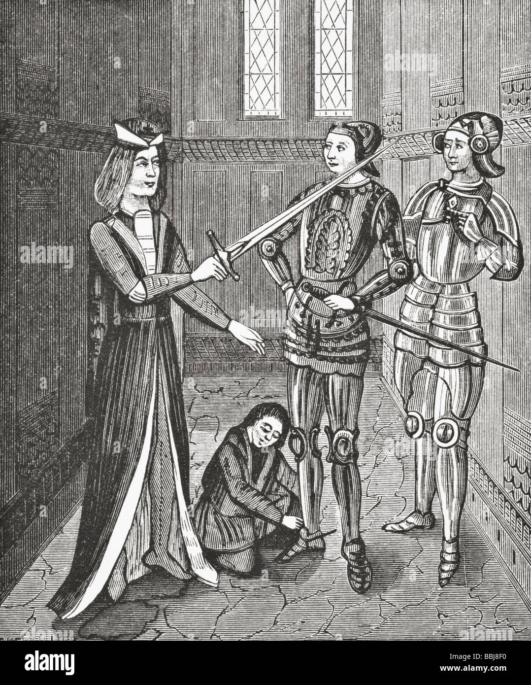 Arming eines Ritters nach der feierlichen eingeleitet von König Arthur Stockfoto