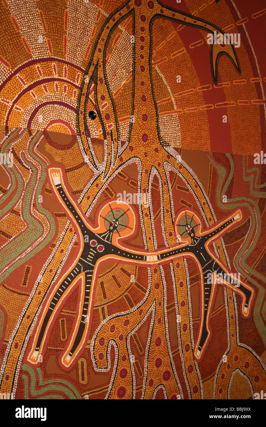Die beiden Liebenden Talwalpin und Kowinka In einem Aborigines Dreamtime-Wandbild am Blue Planet Aquarium, Cheshire, UK Stockfoto