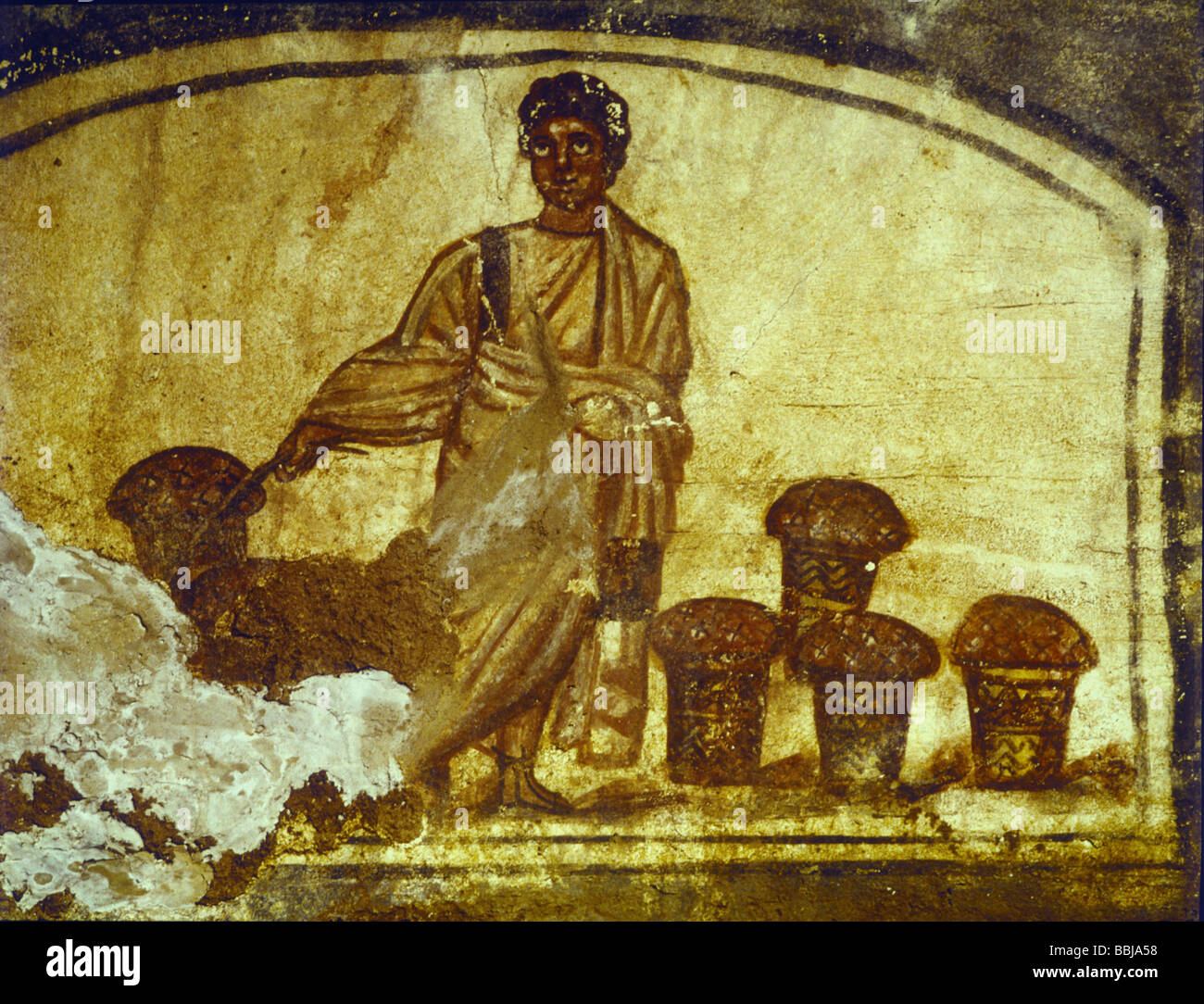 Segnet Brot frühen christlichen Malerei Ende des 3. Jahrhunderts Gewölbe der Krypta im Friedhof von SS Paul und Marcellus Rom Stockfoto