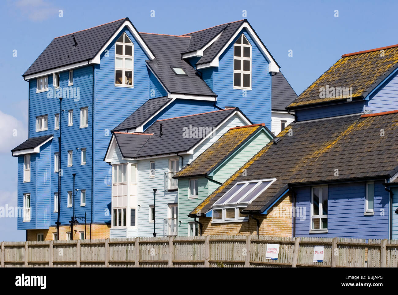 Zeitgenössische moderne Wohnarchitektur in Pastellfarben mit blauer Verkleidung. St Mary's Island Chatham Kent Großbritannien Stockfoto