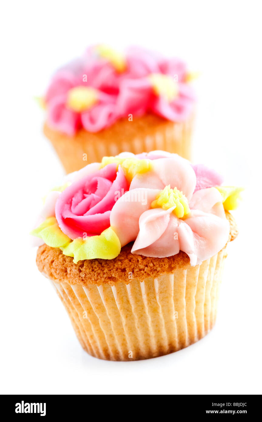 Reihe von leckeren Muffins mit Puderzucker Blumen Stockfoto