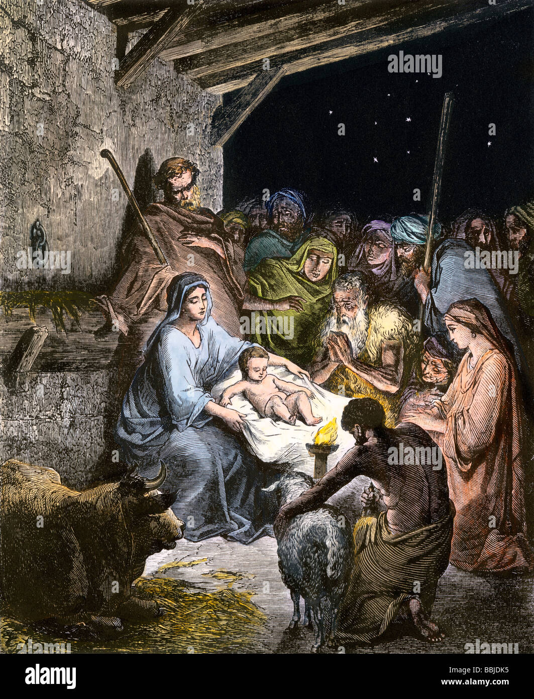 Hirten und Könige anbeten das Jesuskind im Stall. Hand - farbige Holzschnitt Stockfoto