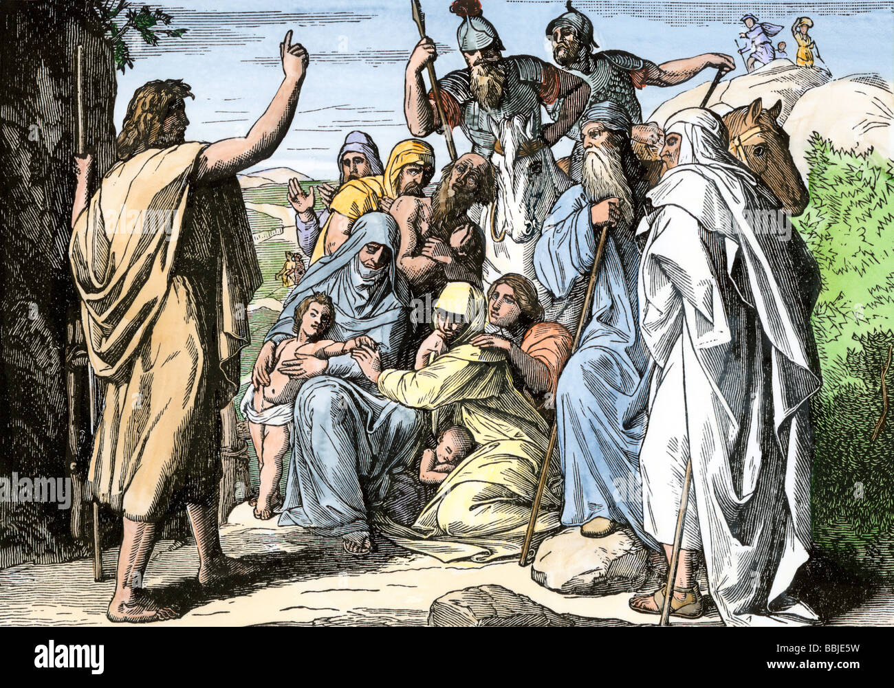 Johannes der Täufer das Kommen eines Messias ankündigen. Hand - farbige Holzschnitt Stockfoto