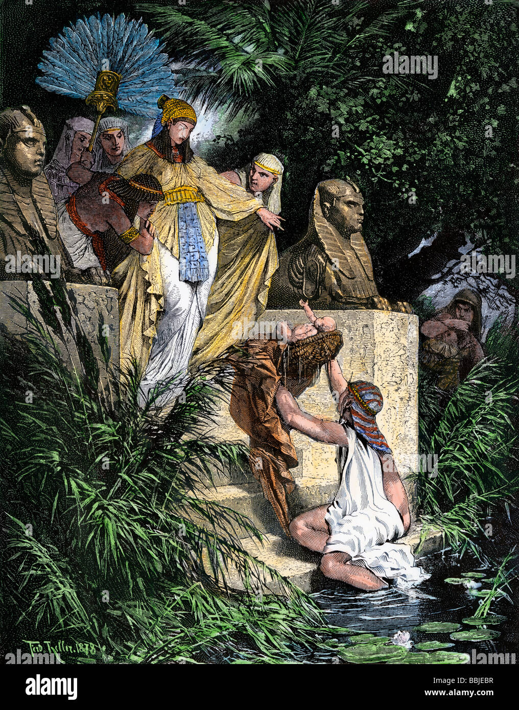 Pharoah's Tochter findet Baby Moses in einem Korb auf dem Nil. Hand - farbige Holzschnitt Stockfoto
