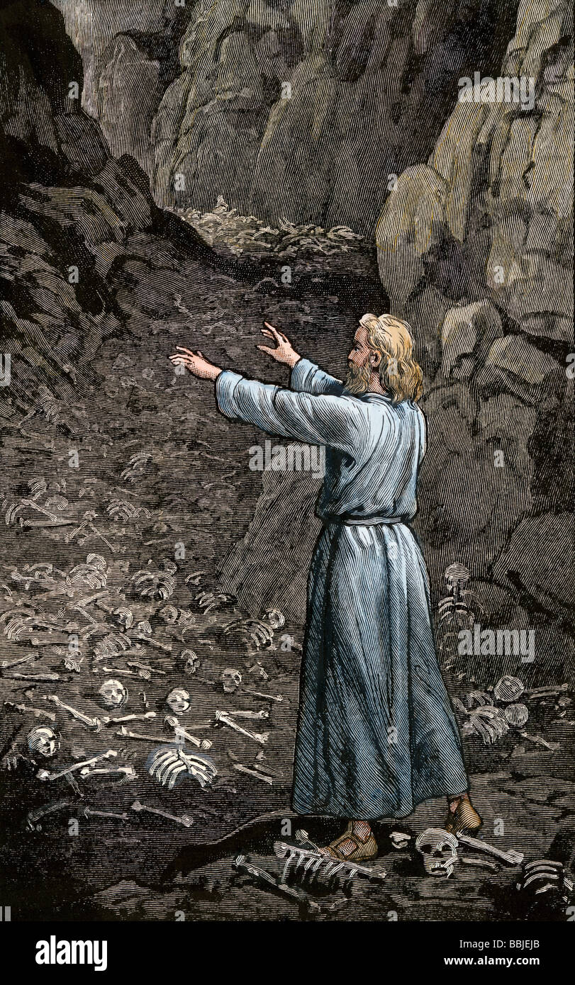 Hebräischen Propheten Ezechiel zu Fuß durch das Tal von trockenen Knochen. Hand - farbige Holzschnitt Stockfoto