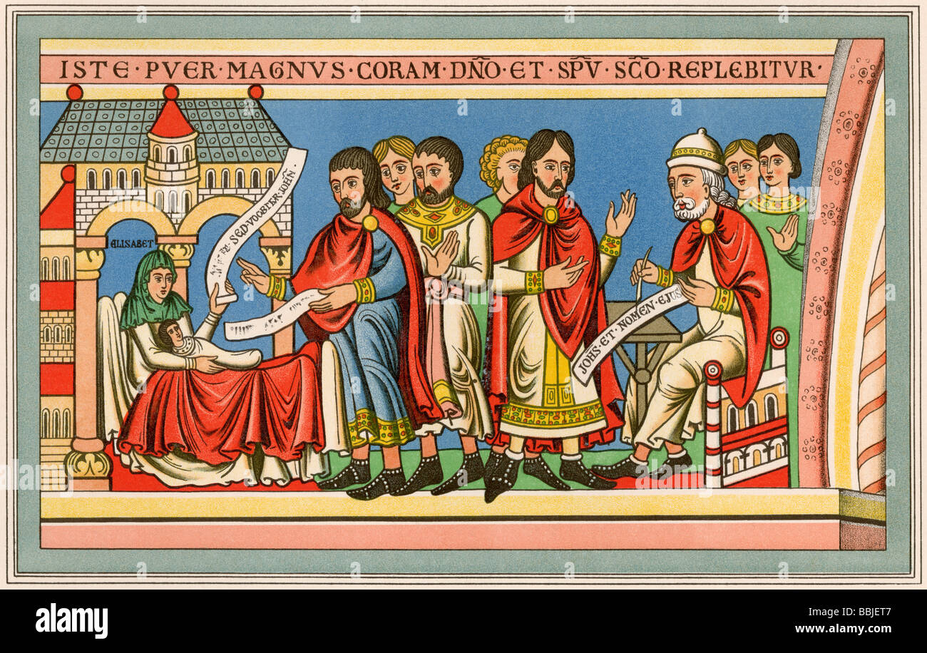 Geburt von Johannes dem Täufer. Farblithographie Stockfoto