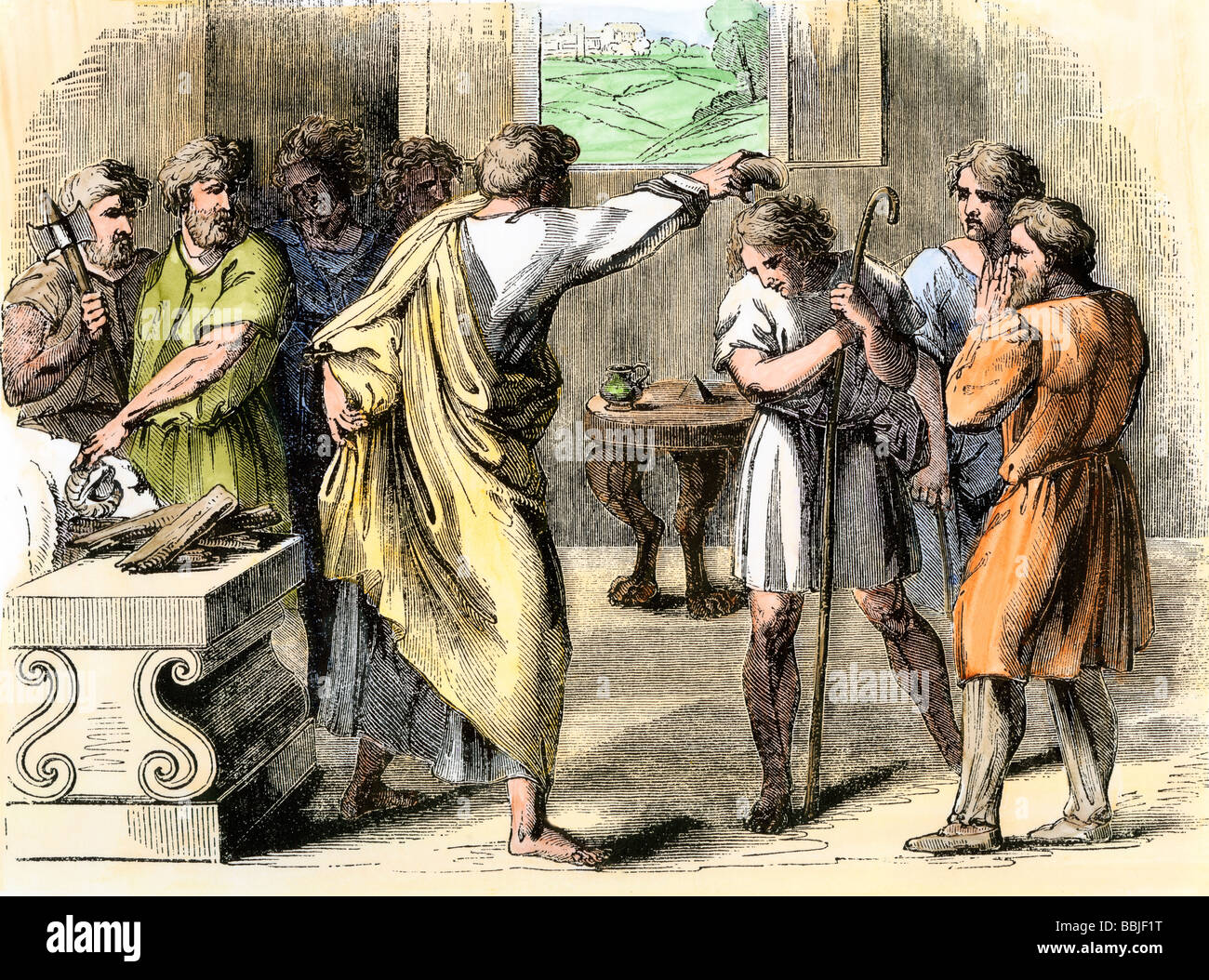 Samuel salbt David als König von Juda und Israel. Hand - farbige Holzschnitt Stockfoto