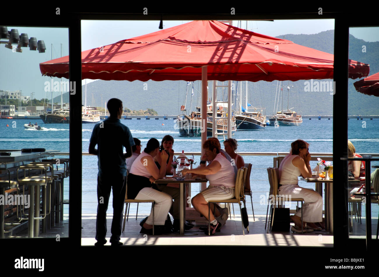 Hafen Restaurant, Bodrum, Bodrum Halbinsel, Provinz Mugla, Türkei Stockfoto