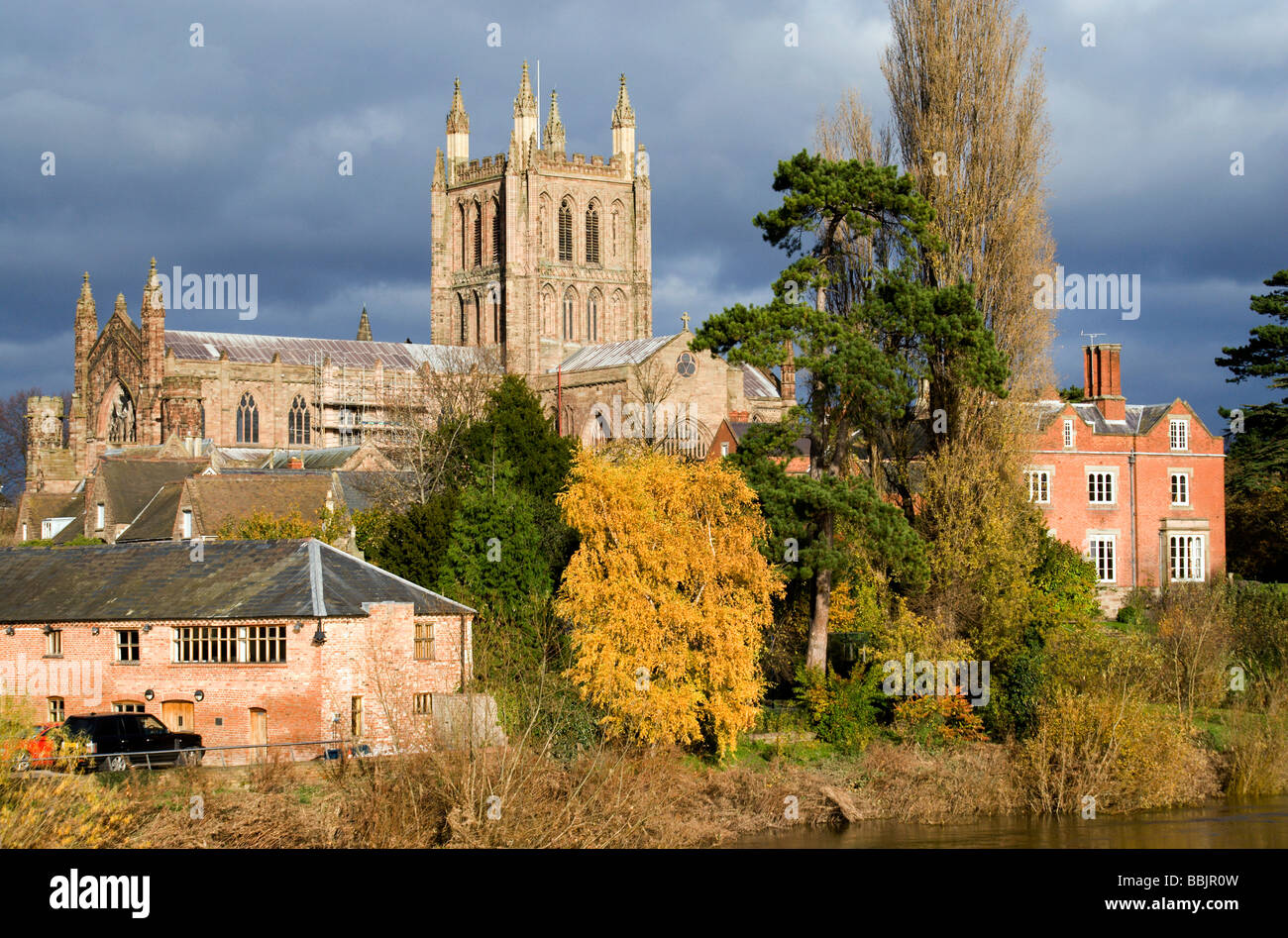 River Wye and Cathedral, Hereford, Herefordshire. Stockfoto