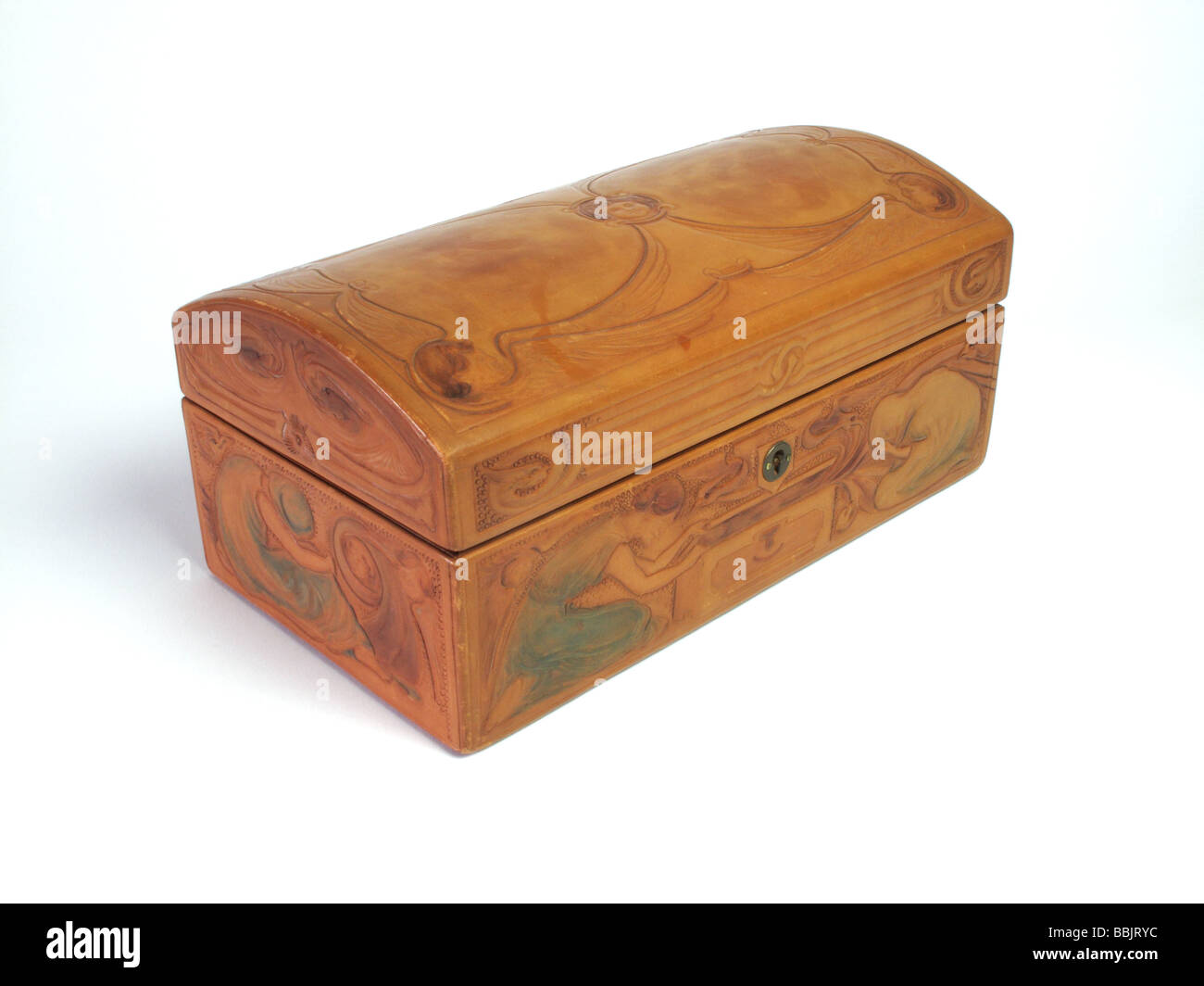 Pandoras Box. Englischen Arts and Crafts Leder bedeckt Sarg Hand verziert mit Szenen der Pandoras Box um 1900 Stockfoto