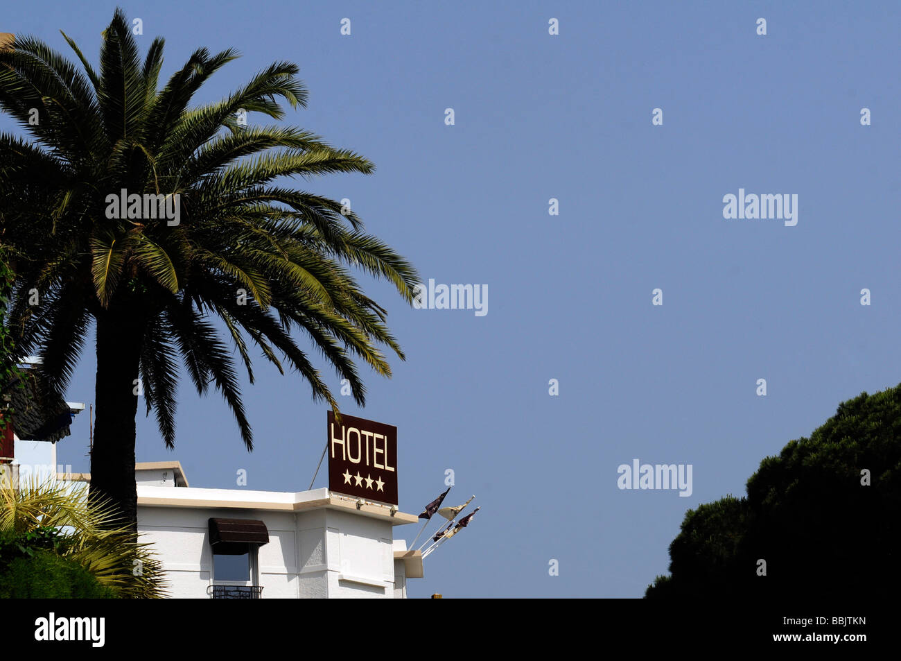 Ein 4-Sterne Hotel Zeichen vor einem blauen Himmel und Palmen Baum Hintergrund, in Cannes, Côte d ' Azur, Südfrankreich Stockfoto