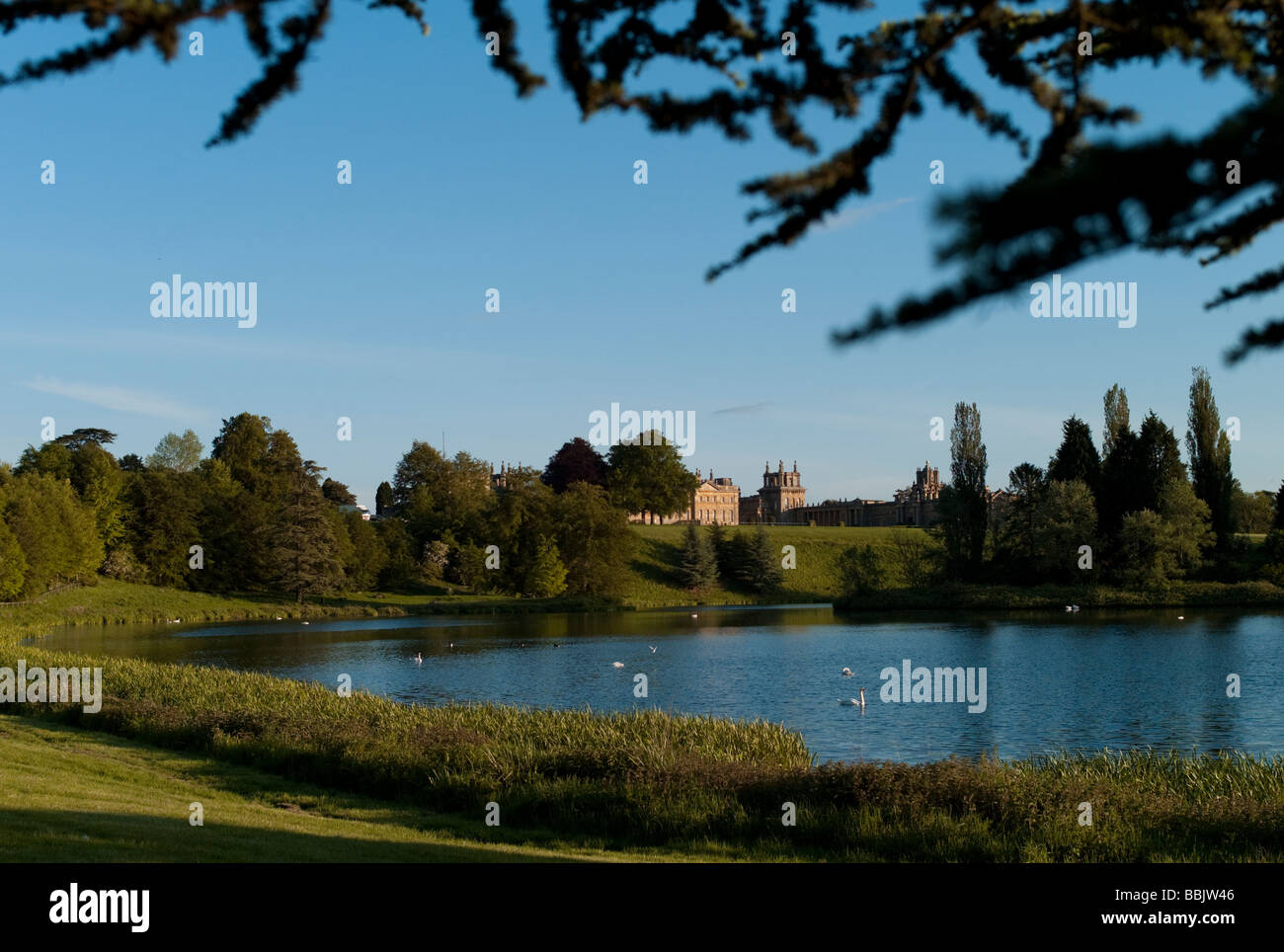 Ansicht von Capability Brown entwickelt, See und im Barockstil Blenheim Palace bei Woodstock Dorf in der Nähe von Oxford, Oxfordshire Stockfoto