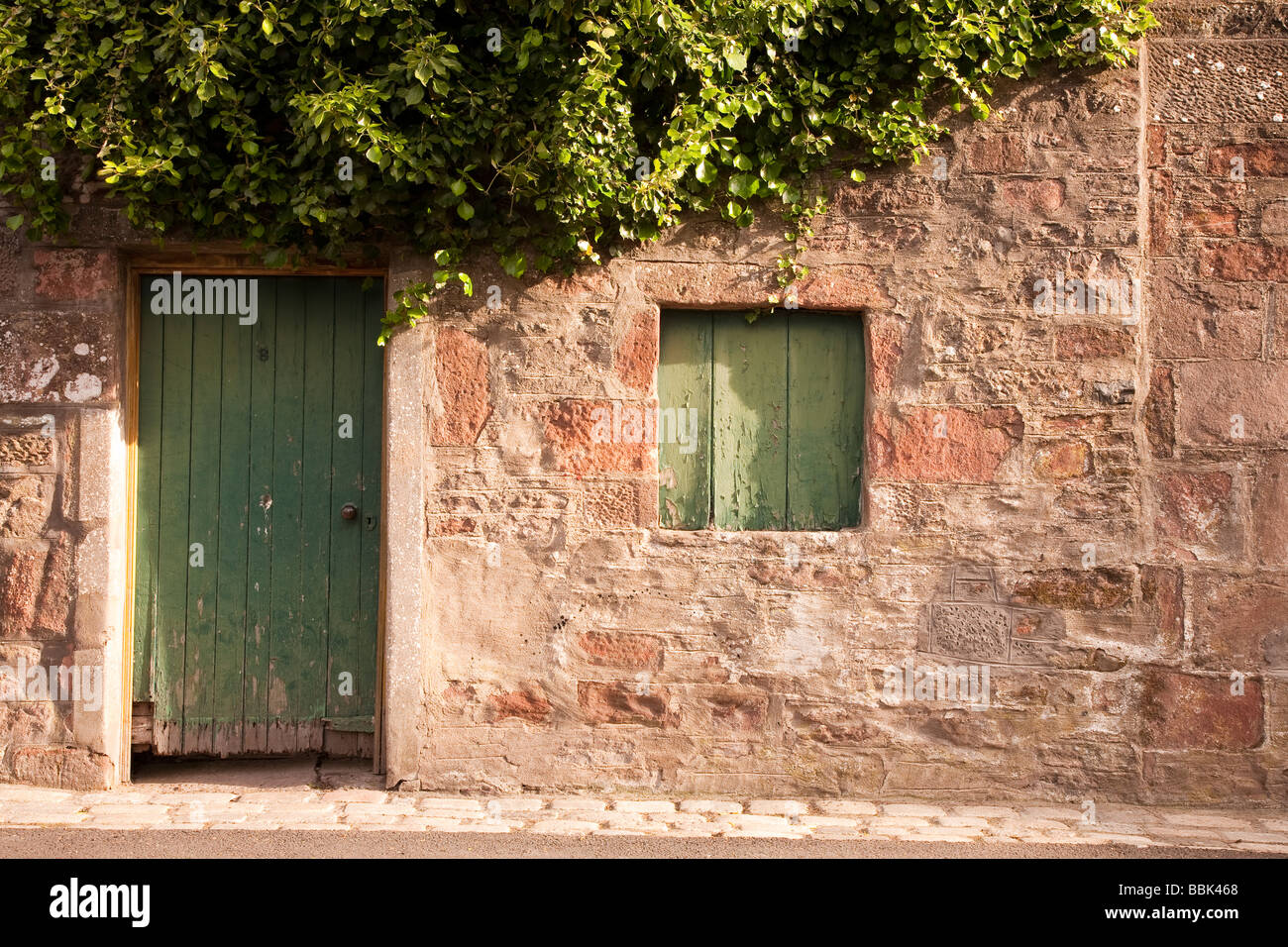 Grüne Tür und Fenster, Brechin, Schottland Stockfoto