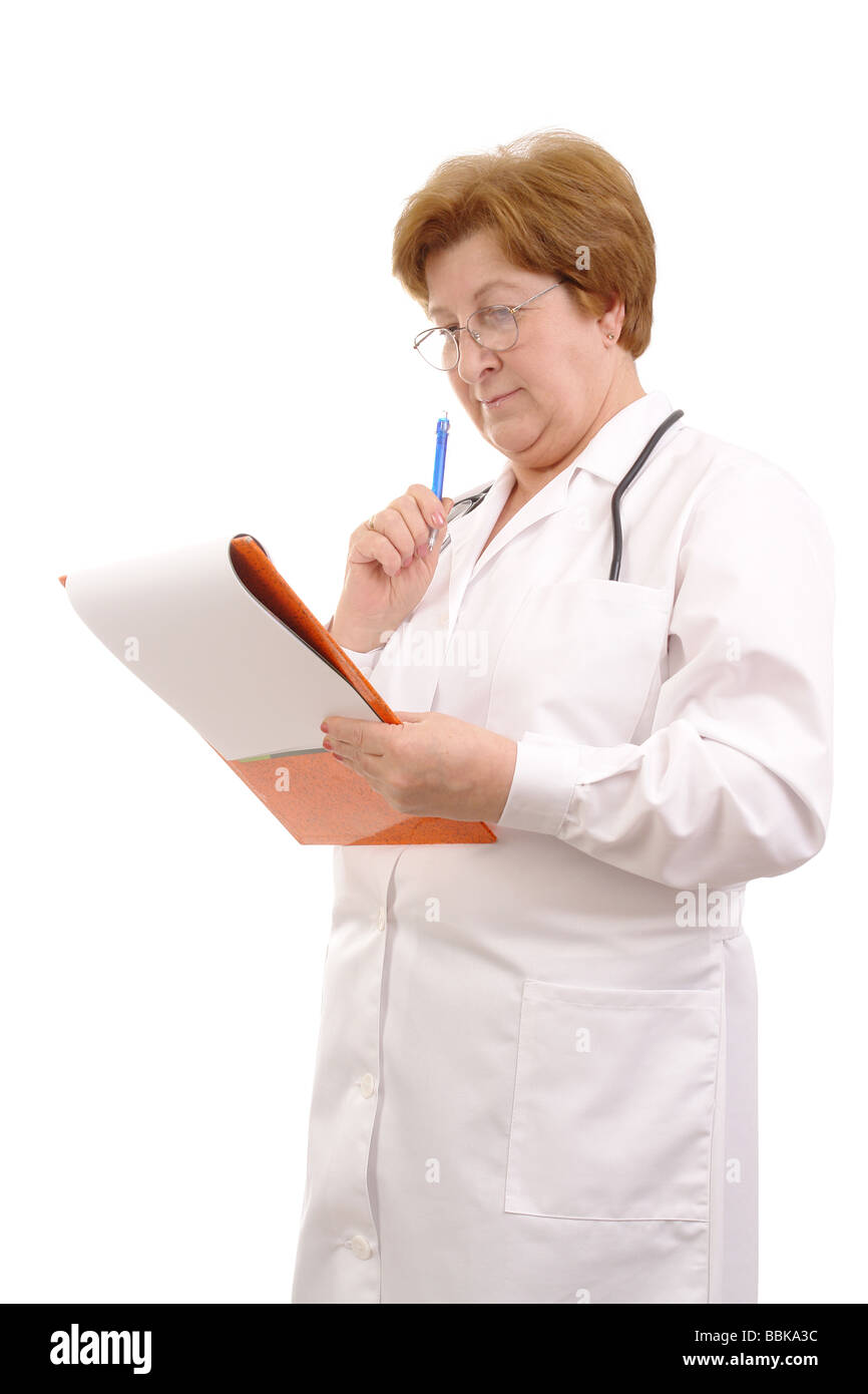 Leitende Ärztin Familie Notizen mit dem Editor auf weißem Hintergrund Stockfoto