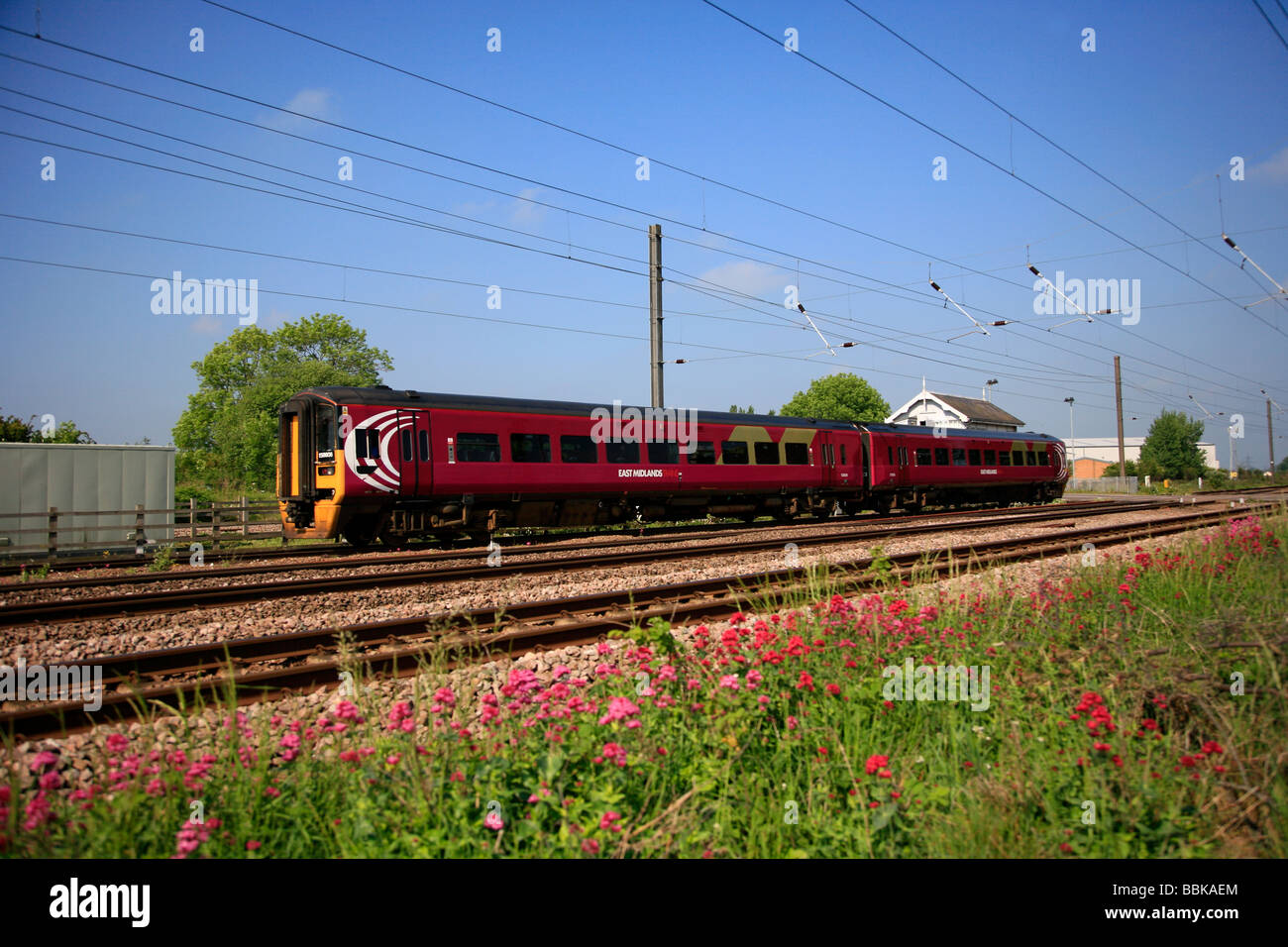 East Midlands Züge 158806 Einheit High-Speed Diesel Zug East Coast Main Line Eisenbahn Peterborough Cambridgeshire England UK Stockfoto