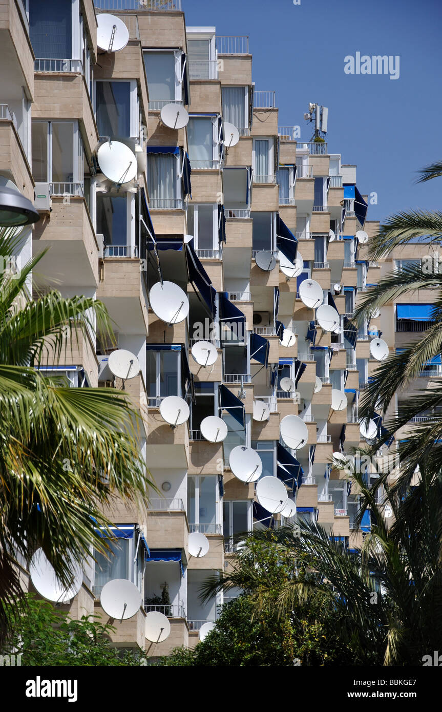 Satellitenschüsseln auf Mehrfamilienhaus, Puerto Portals, Portals Nous, Mallorca, Balearen, Spanien Stockfoto