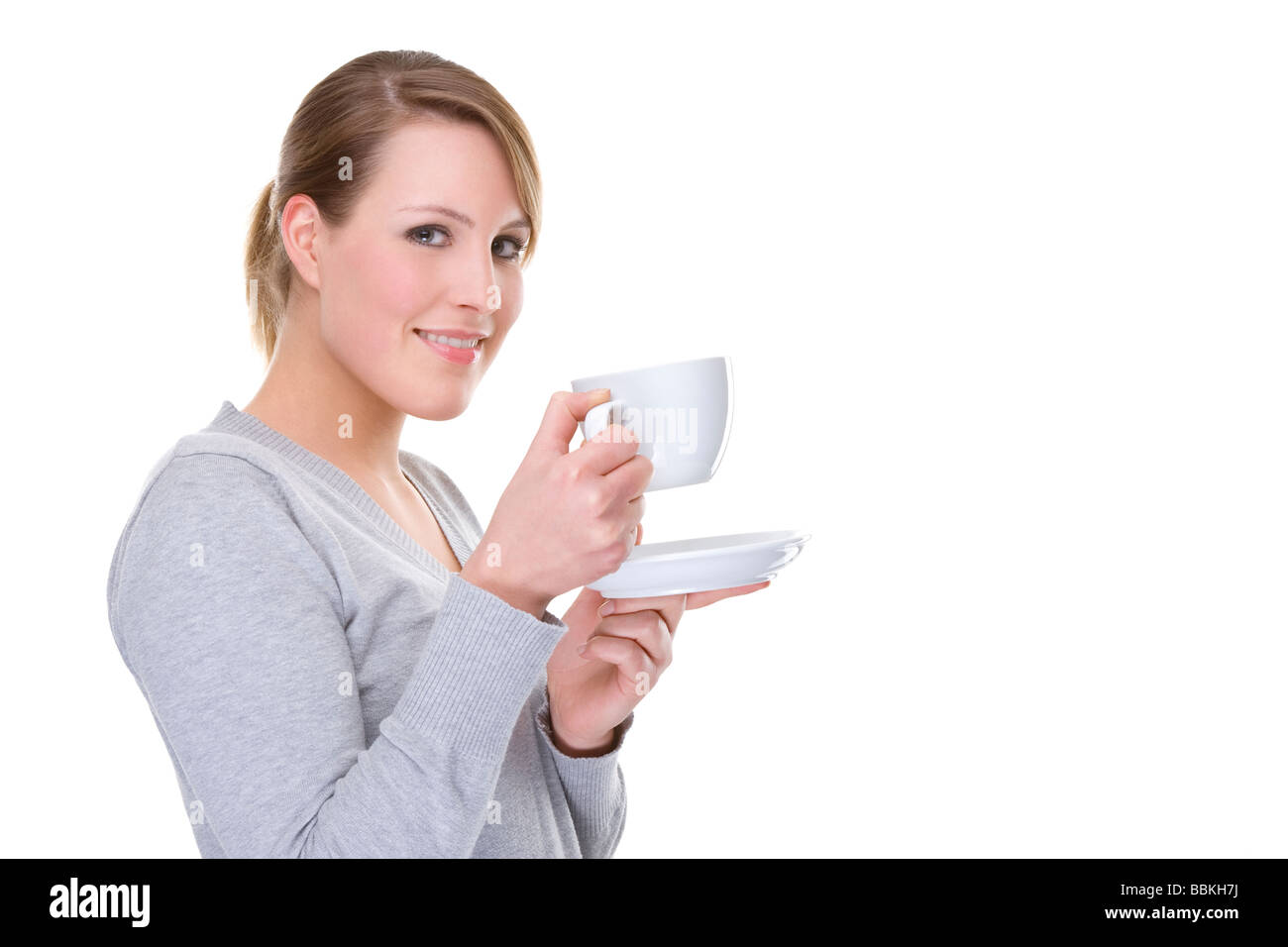 Voll isolierte Porträt einer schönen kaukasischen Frau mit Tasse Stockfoto