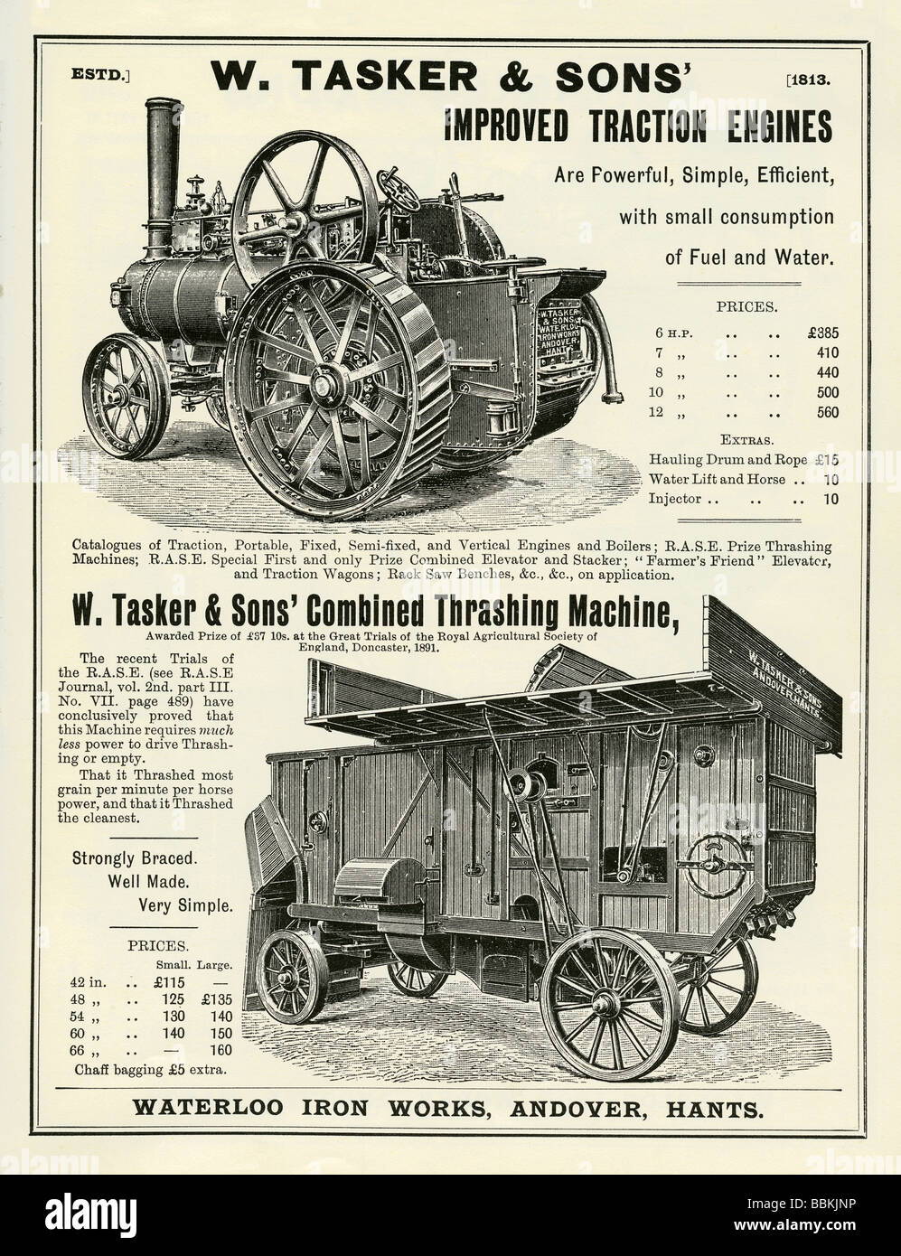 Werbung in einem viktorianischen Versandkatalog für Zugmaschinen und Treshing Maschinen, Tasker & Söhne, Andover Hampshire Stockfoto