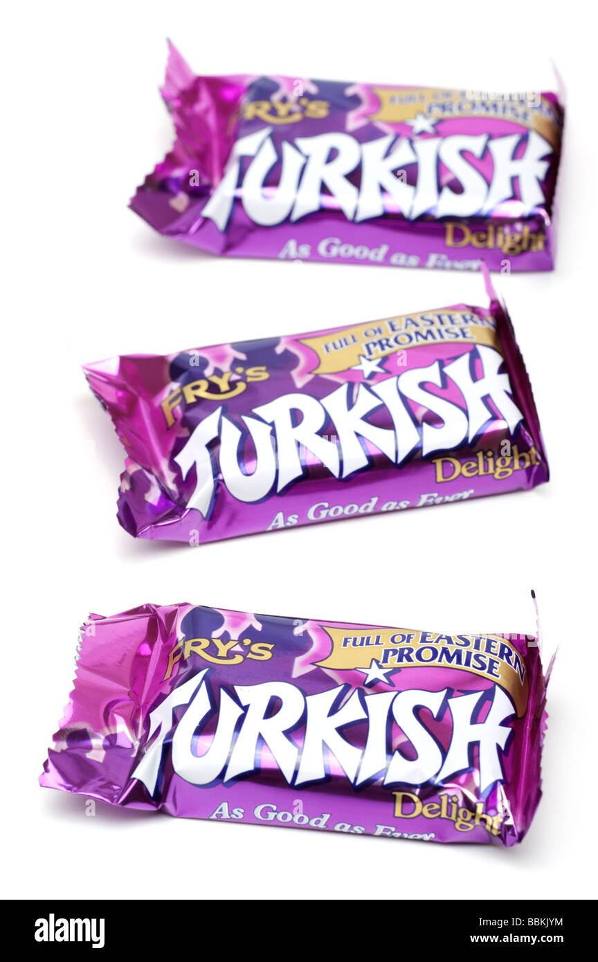 Drei Zellophan eingewickelt Bars von Frys Turkish Delight Stockfoto