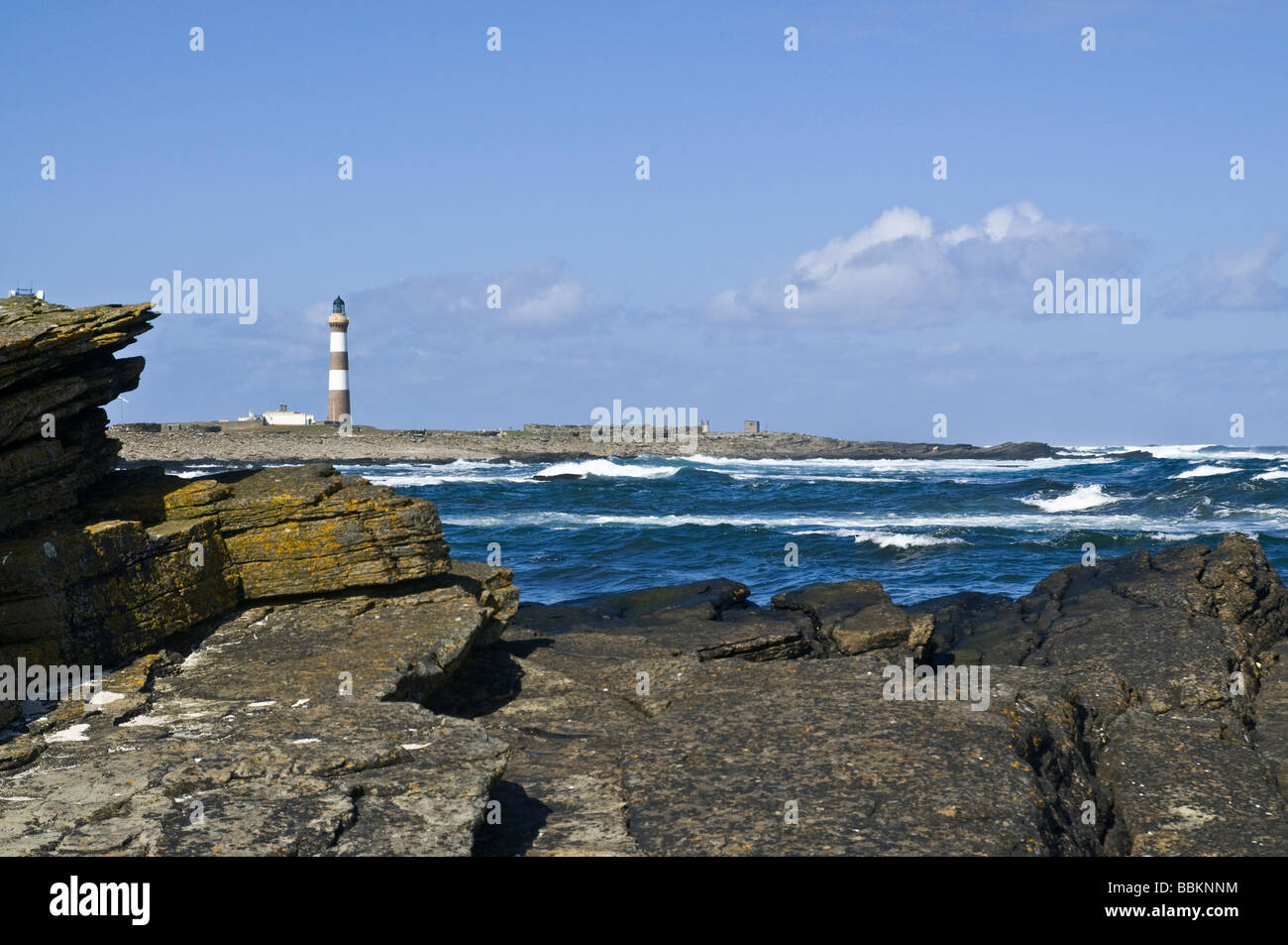 dh Sjaivar Bay NORTH RONALDSAY ORKNEY Felsenufer Dennis Head und North Ronaldsay lighthouse Stockfoto