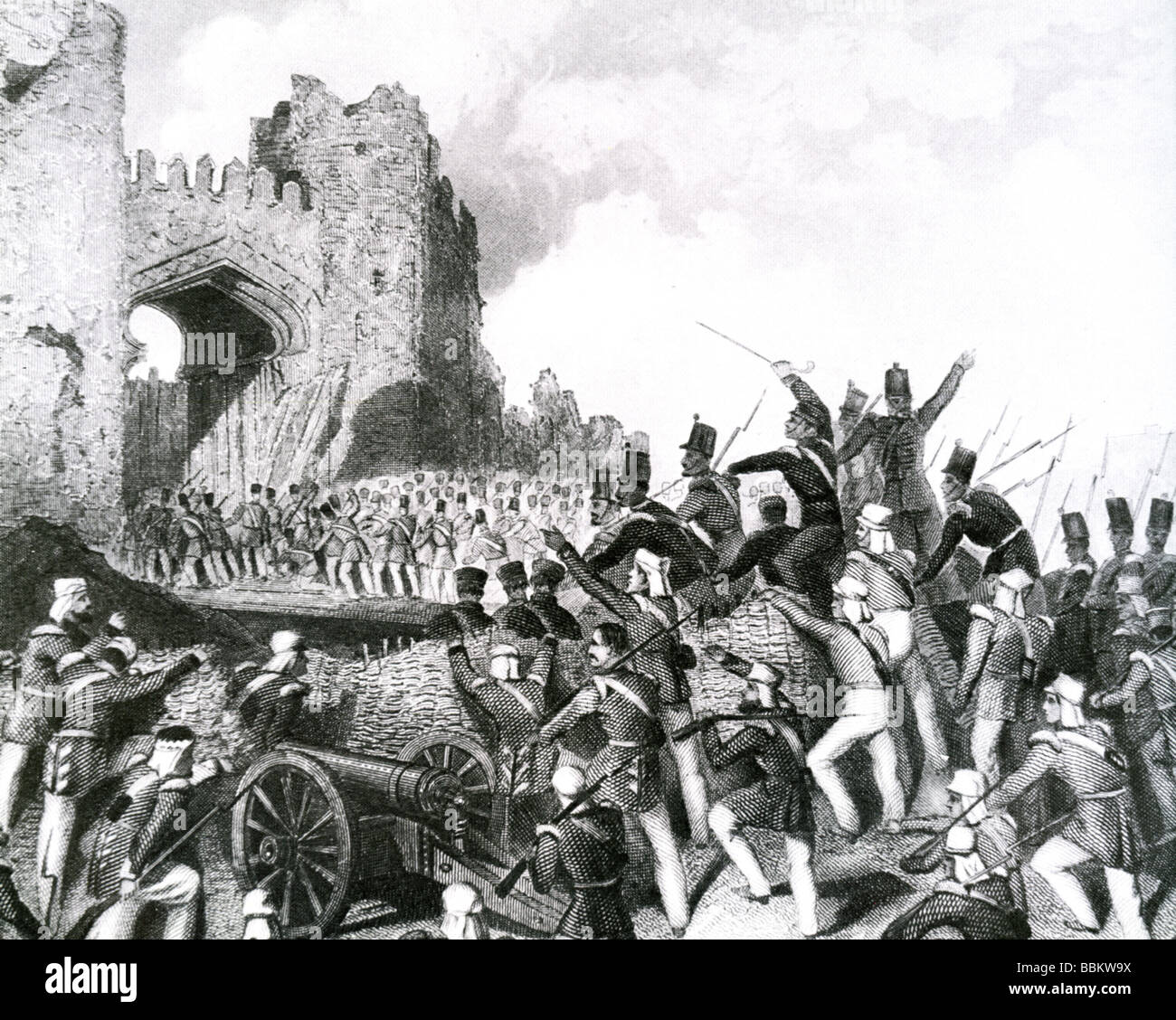 DIE indischen MEUTEREI britische und indische Kräfte Sturm eines der Delhi-Tore im Jahre 1858 Stockfoto