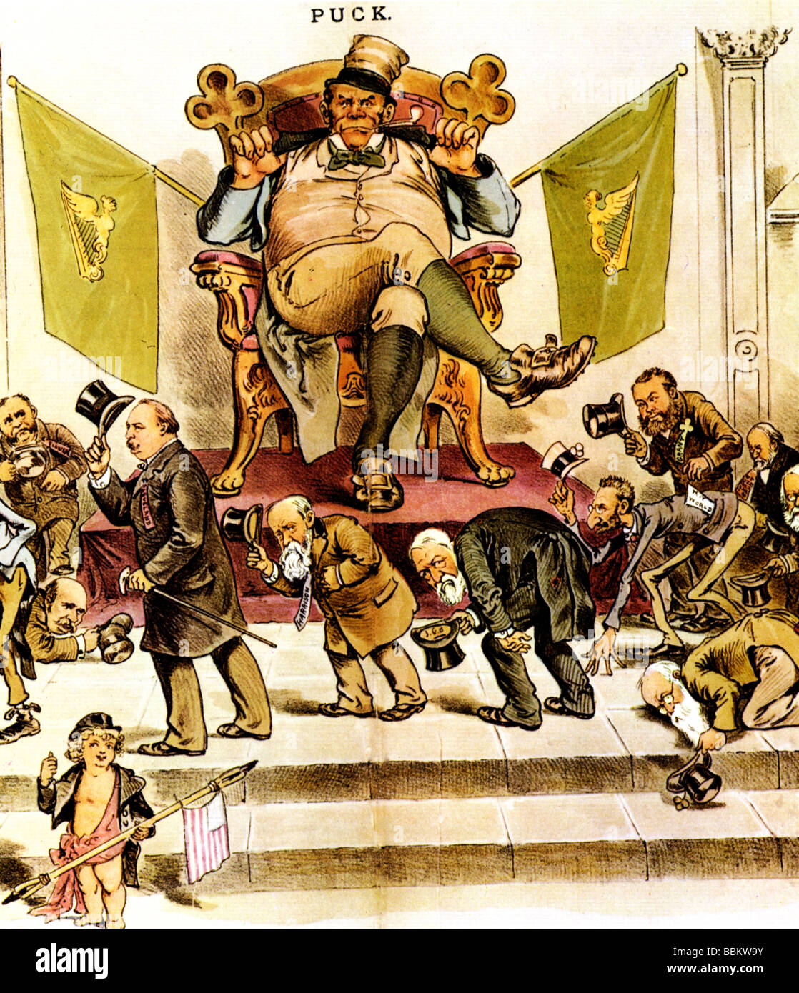 IRISCHE Dominanz der amerikanischen Politik in vielen Städten ist in diesem Jahr 1889 Cartoon von Puck Magazin Fassadendesign. Stockfoto